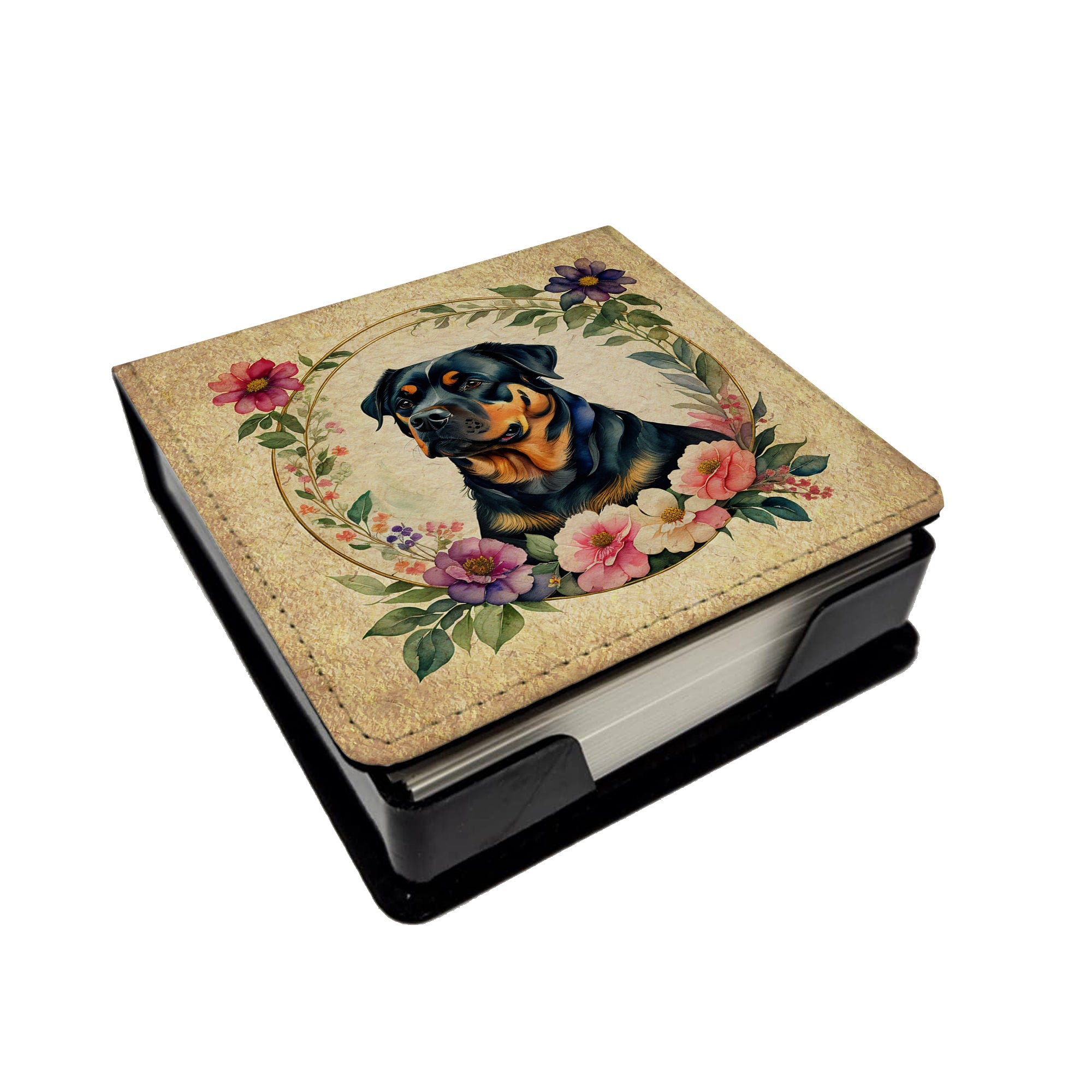 Rottweiler and Flowers PU Leather Note Paper Holder with Artist-Designed Cover, Desk Accessory, Office Gift