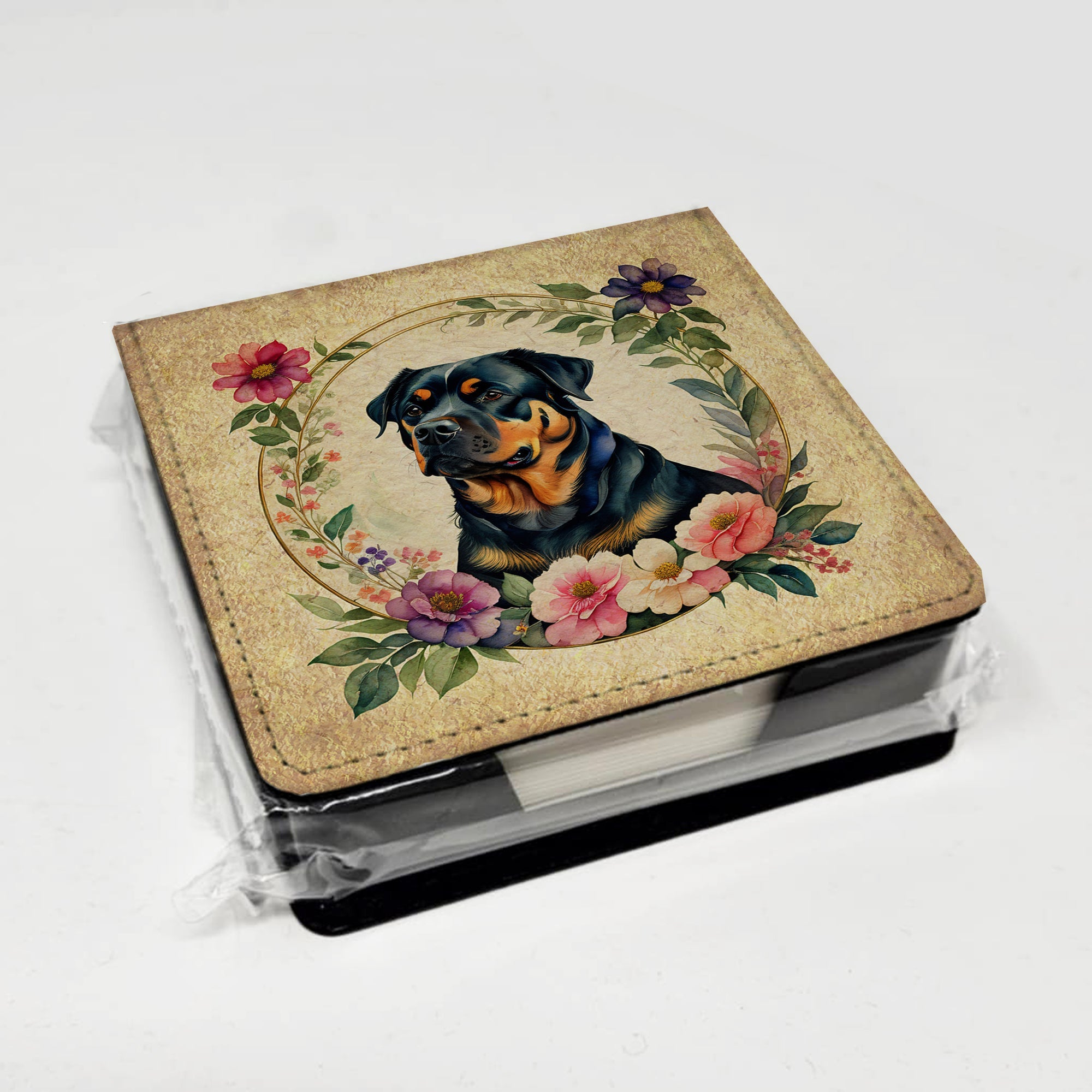 Rottweiler and Flowers PU Leather Note Paper Holder with Artist-Designed Cover, Desk Accessory, Office Gift