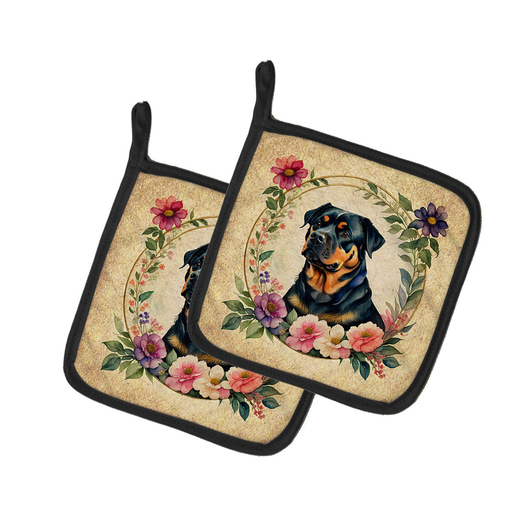 Rottweiler and Flowers Pot Holder Set of 2 Heat Resistant Quilted Hot Pads 7.5 x 7.5 Inch, Insulated Kitchen Trivets for Cooking & Baking