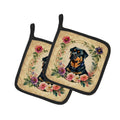 Rottweiler and Flowers Pot Holder Set of 2 Heat Resistant Quilted Hot Pads 7.5 x 7.5 Inch, Insulated Kitchen Trivets for Cooking & Baking