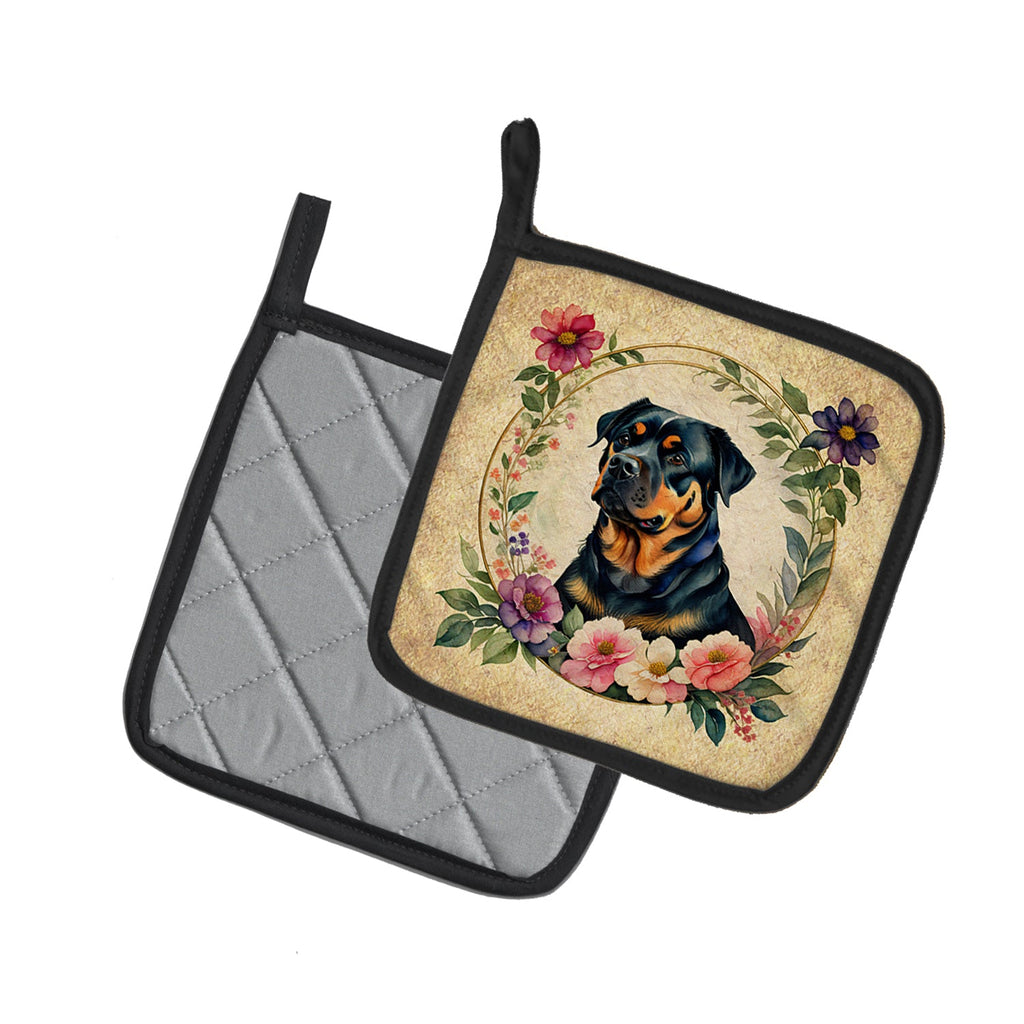 Rottweiler and Flowers Pot Holder Set of 2 Heat Resistant Quilted Hot Pads 7.5 x 7.5 Inch, Insulated Kitchen Trivets for Cooking & Baking