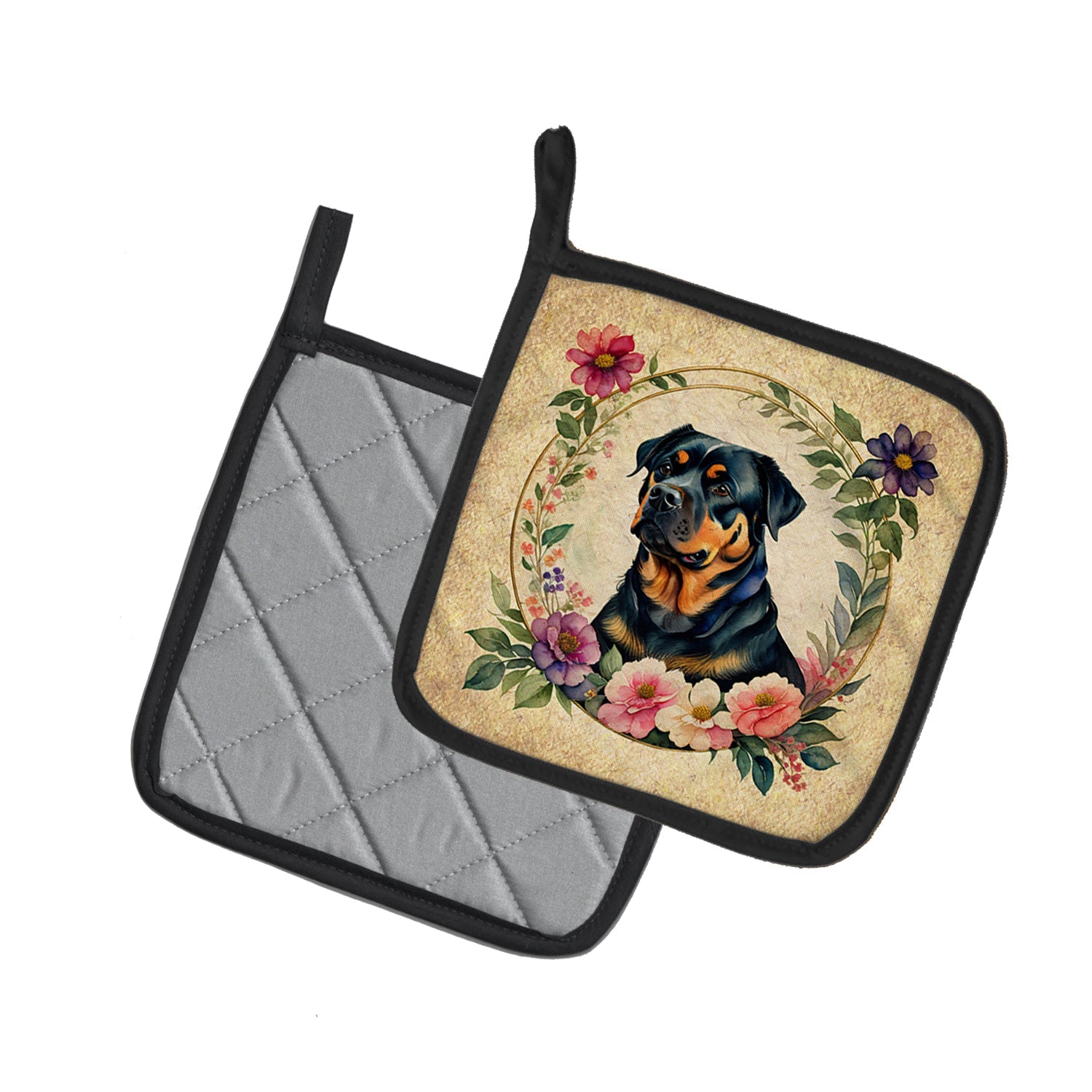 Rottweiler and Flowers Pot Holder Set of 2 Heat Resistant Quilted Hot Pads 7.5 x 7.5 Inch, Insulated Kitchen Trivets for Cooking & Baking