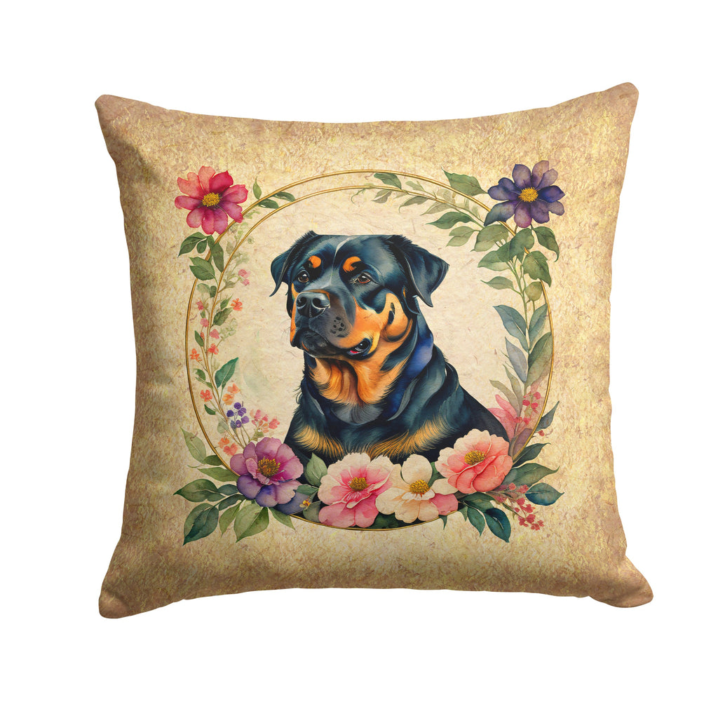 Rottweiler and Flowers Decorative Throw Pillow 14x14 Indoor Outdoor Accent Cushion, Fabric Cover with Insert for Sofa, Bed, Porch & Living Room