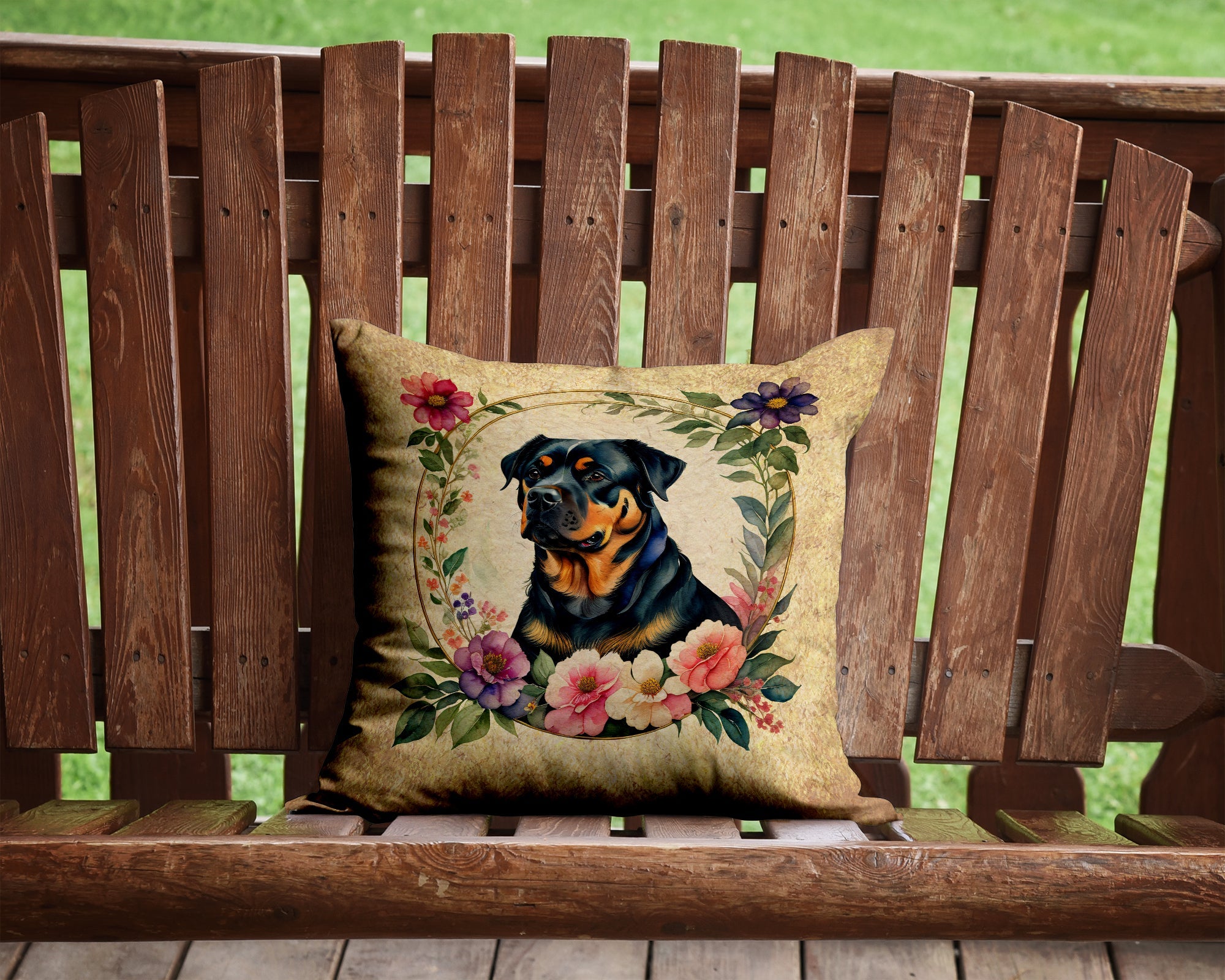 Rottweiler and Flowers Decorative Throw Pillow 14x14 Indoor Outdoor Accent Cushion, Fabric Cover with Insert for Sofa, Bed, Porch & Living Room