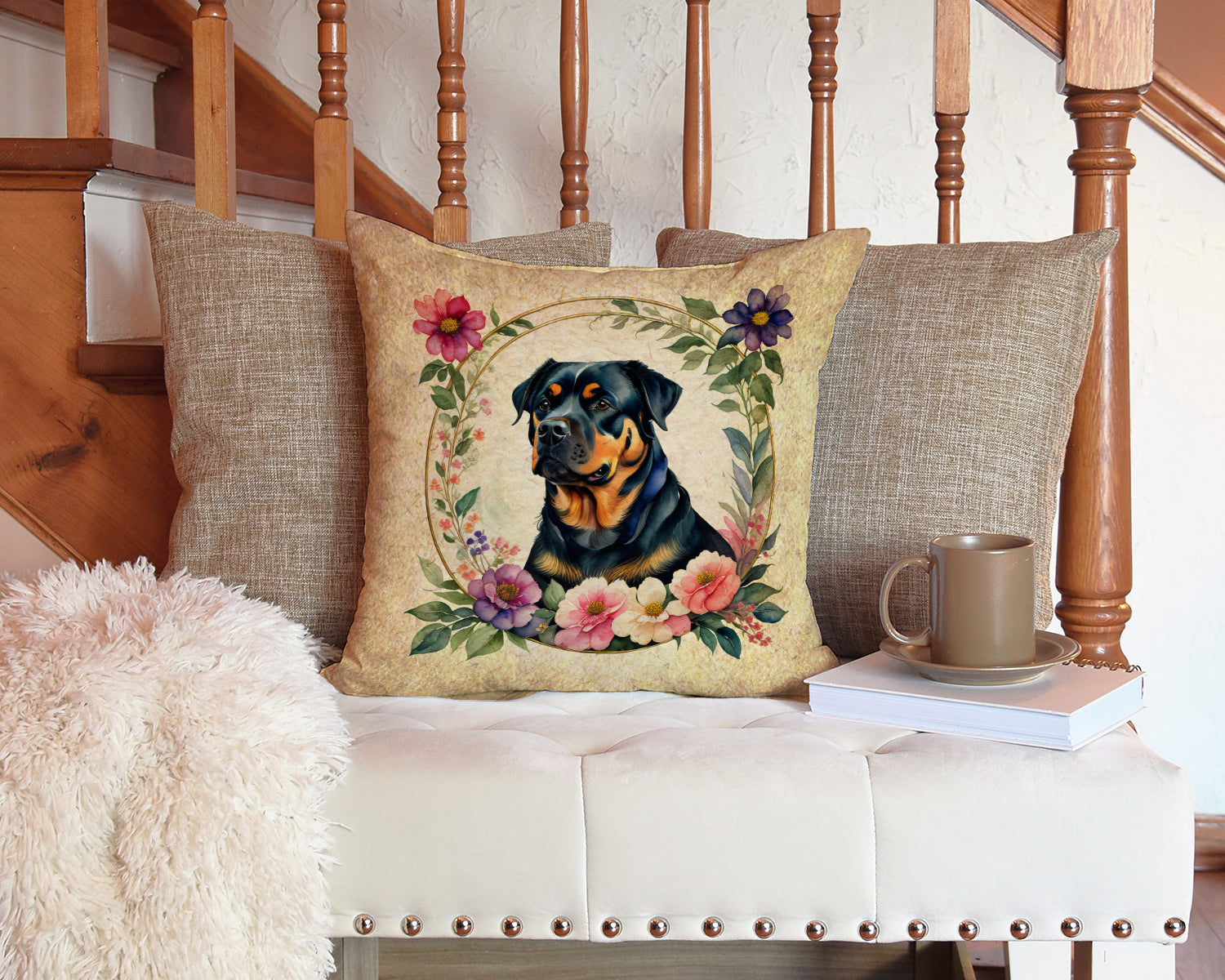 Rottweiler and Flowers Decorative Throw Pillow 14x14 Indoor Outdoor Accent Cushion, Fabric Cover with Insert for Sofa, Bed, Porch & Living Room