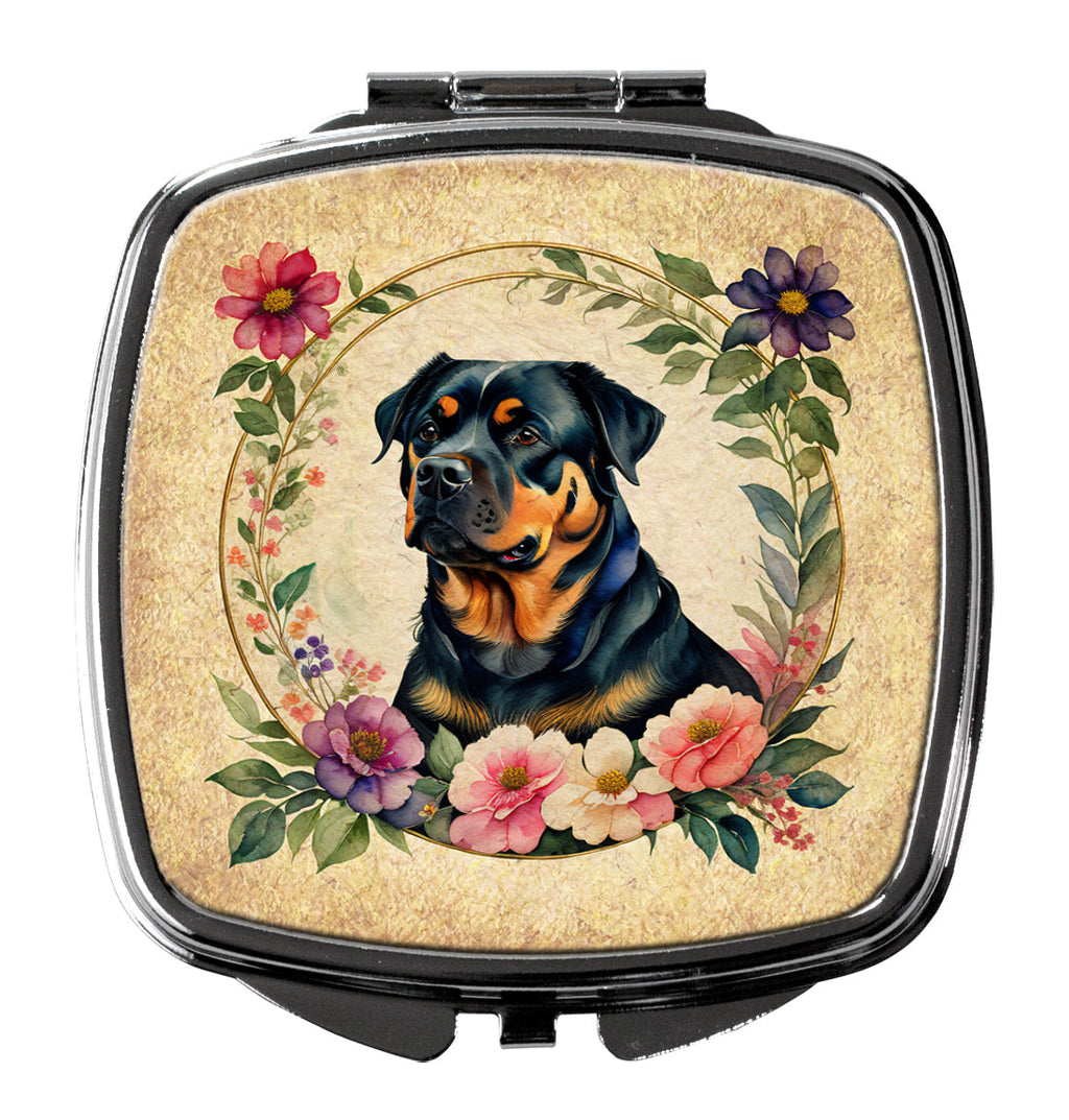 Rottweiler and Flowers Compact Mirror Decorative Travel Makeup Mirror for Women Girls Gifts Pocket Makeup Mirror Folding Handheld