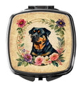 Rottweiler and Flowers Compact Mirror Decorative Travel Makeup Mirror for Women Girls Gifts Pocket Makeup Mirror Folding Handheld