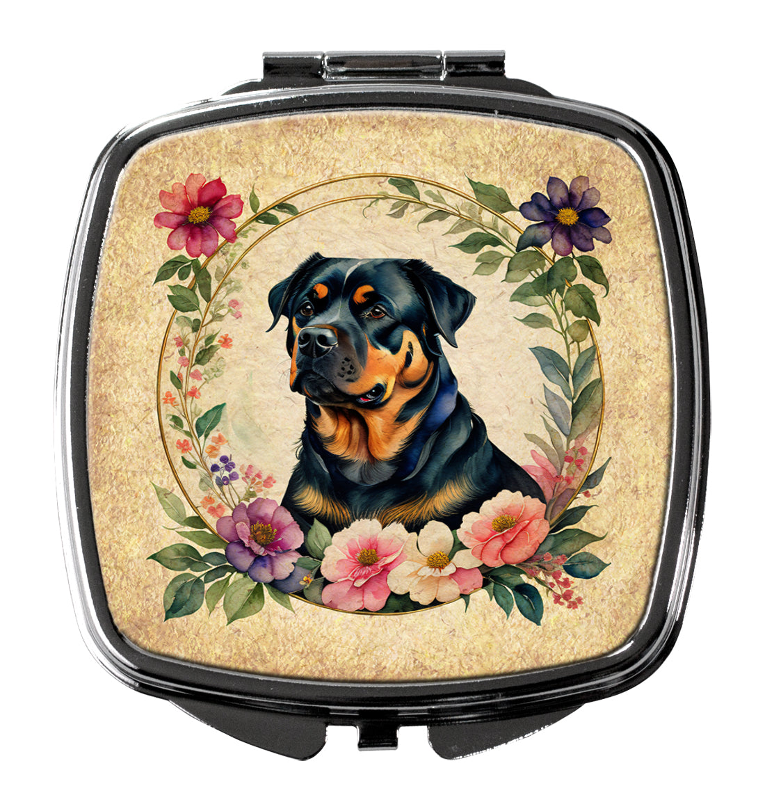 Rottweiler and Flowers Compact Mirror Decorative Travel Makeup Mirror for Women Girls Gifts Pocket Makeup Mirror Folding Handheld