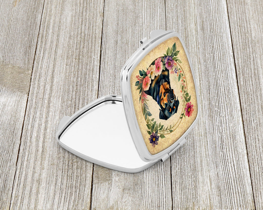 Rottweiler and Flowers Compact Mirror Decorative Travel Makeup Mirror for Women Girls Gifts Pocket Makeup Mirror Folding Handheld