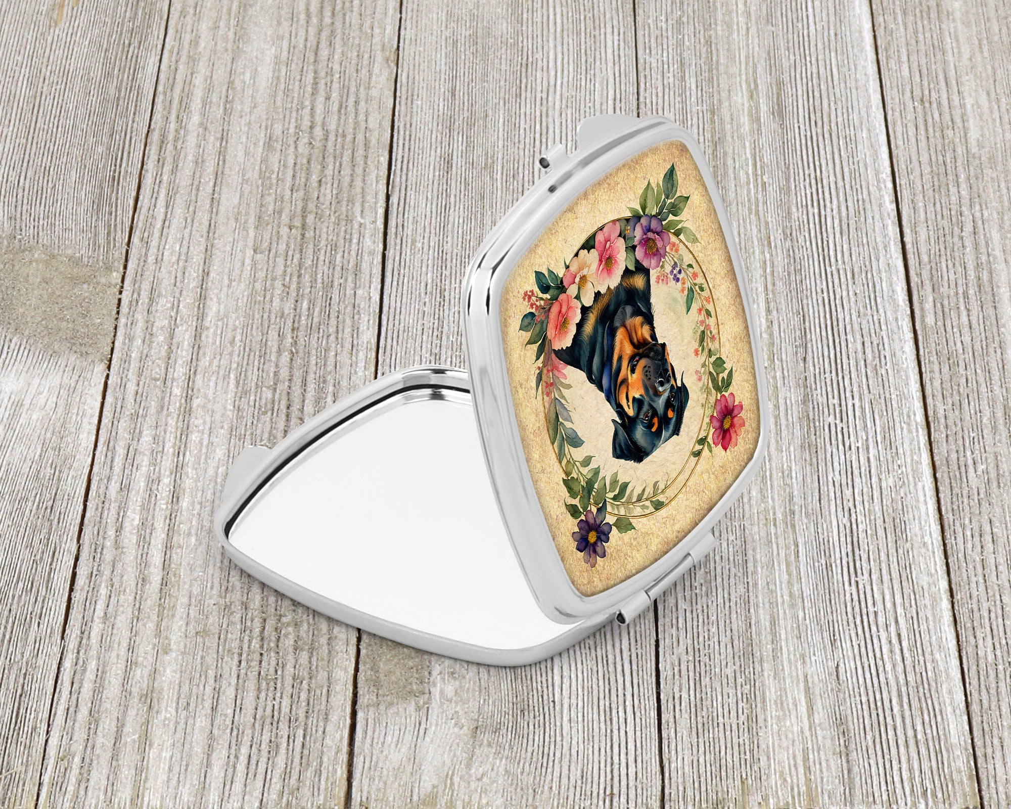 Rottweiler and Flowers Compact Mirror Decorative Travel Makeup Mirror for Women Girls Gifts Pocket Makeup Mirror Folding Handheld