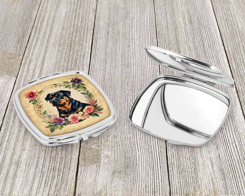 Rottweiler and Flowers Compact Mirror Decorative Travel Makeup Mirror for Women Girls Gifts Pocket Makeup Mirror Folding Handheld