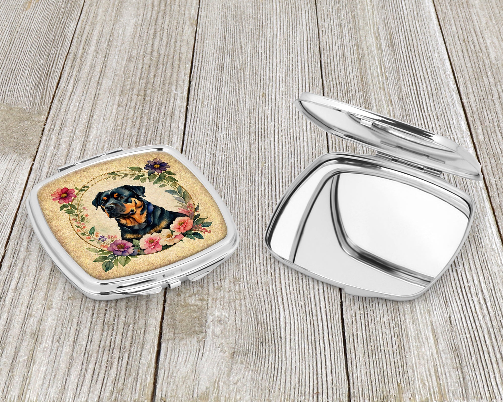 Rottweiler and Flowers Compact Mirror Decorative Travel Makeup Mirror for Women Girls Gifts Pocket Makeup Mirror Folding Handheld