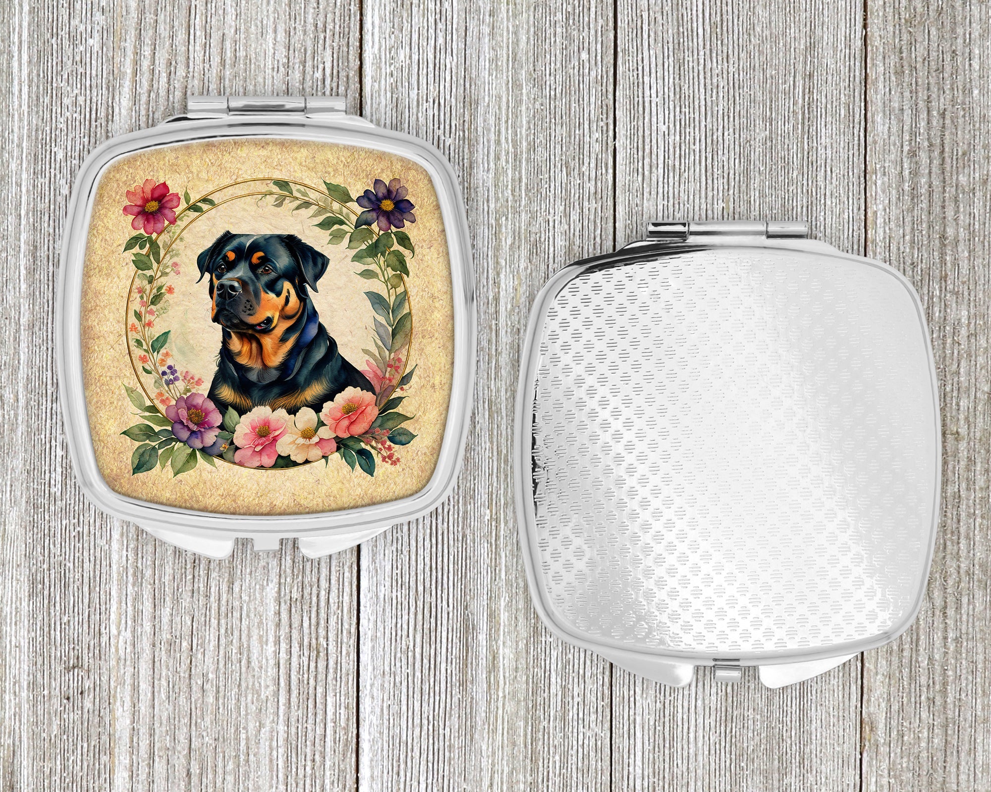 Rottweiler and Flowers Compact Mirror Decorative Travel Makeup Mirror for Women Girls Gifts Pocket Makeup Mirror Folding Handheld