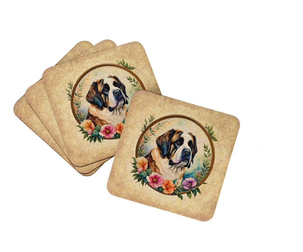 Saint Bernard and Flowers Foam Coasters Set of 4 Cup Coasters for Indoor Outdoor, Tabletop Protection, Anti Slip, Mouse pad Material