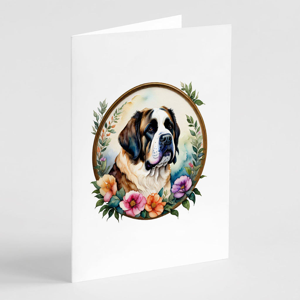 Saint Bernard and Flowers Greeting Cards Pack of 8 Blank Cards with Envelopes Whimsical A7 Size 5x7