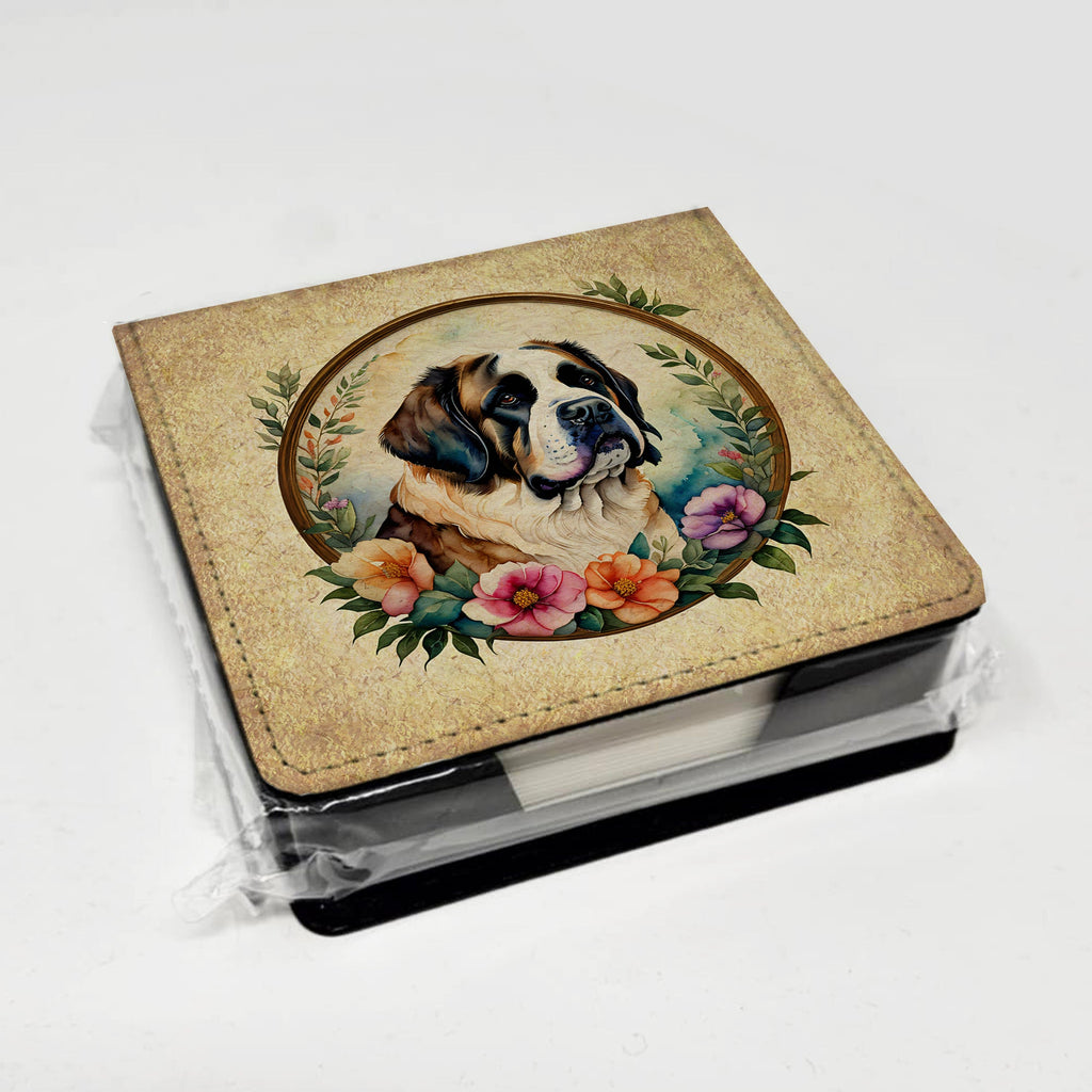 Saint Bernard and Flowers PU Leather Note Paper Holder with Artist-Designed Cover, Desk Accessory, Office Gift