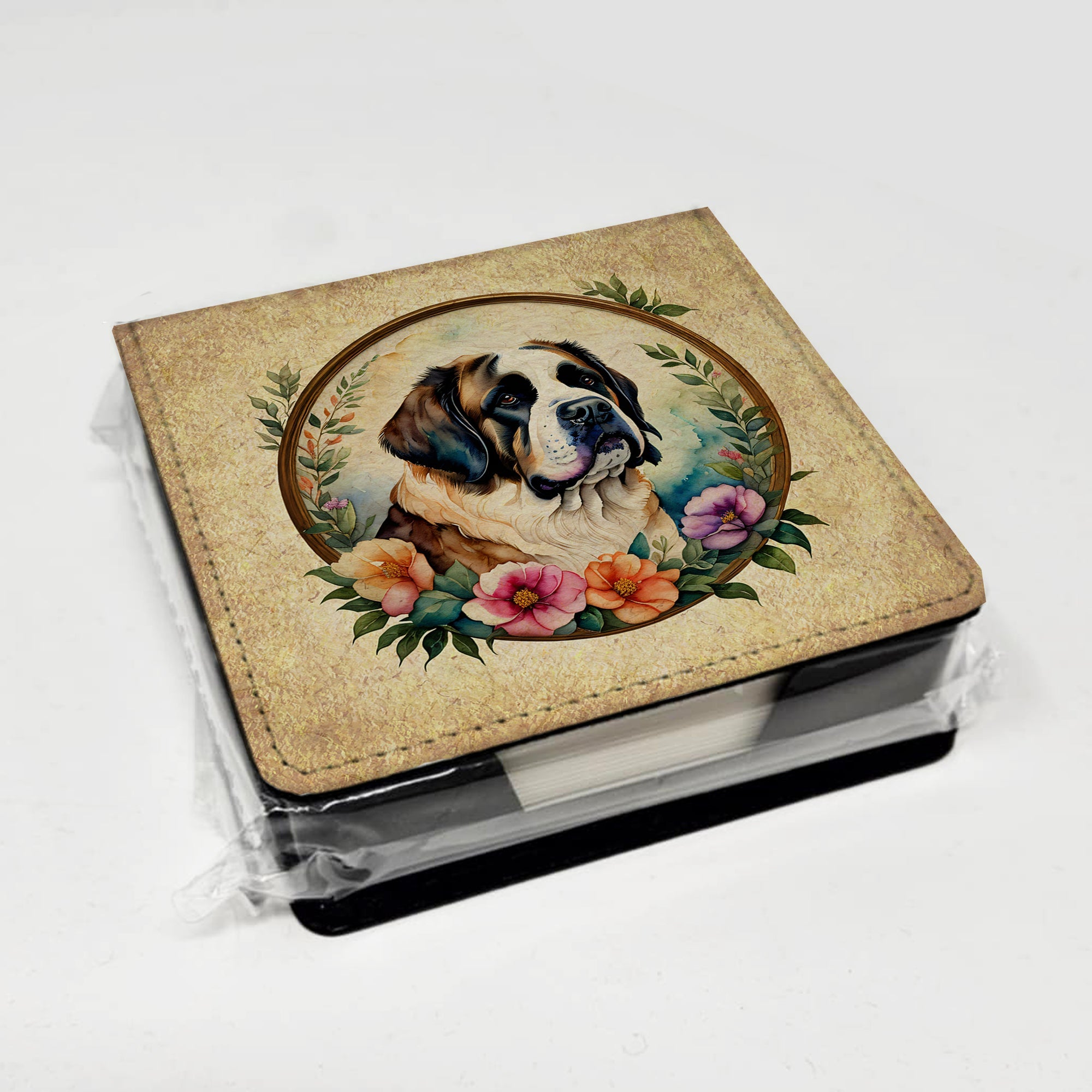 Saint Bernard and Flowers PU Leather Note Paper Holder with Artist-Designed Cover, Desk Accessory, Office Gift