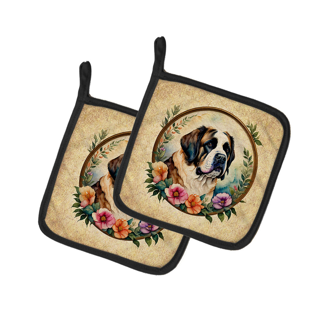 Saint Bernard and Flowers Pot Holder Set of 2 Heat Resistant Quilted Hot Pads 7.5 x 7.5 Inch, Insulated Kitchen Trivets for Cooking & Baking