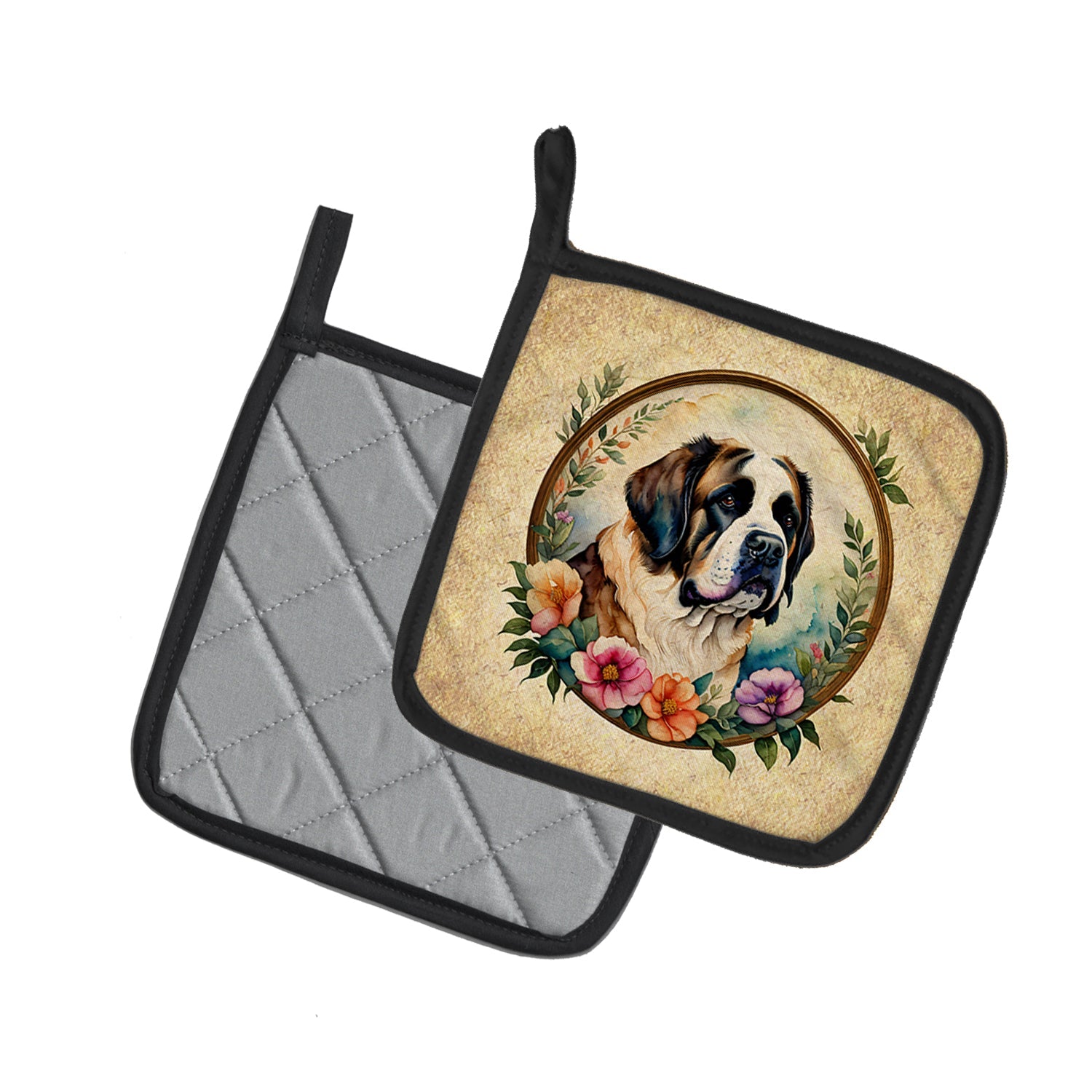 Saint Bernard and Flowers Pot Holder Set of 2 Heat Resistant Quilted Hot Pads 7.5 x 7.5 Inch, Insulated Kitchen Trivets for Cooking & Baking