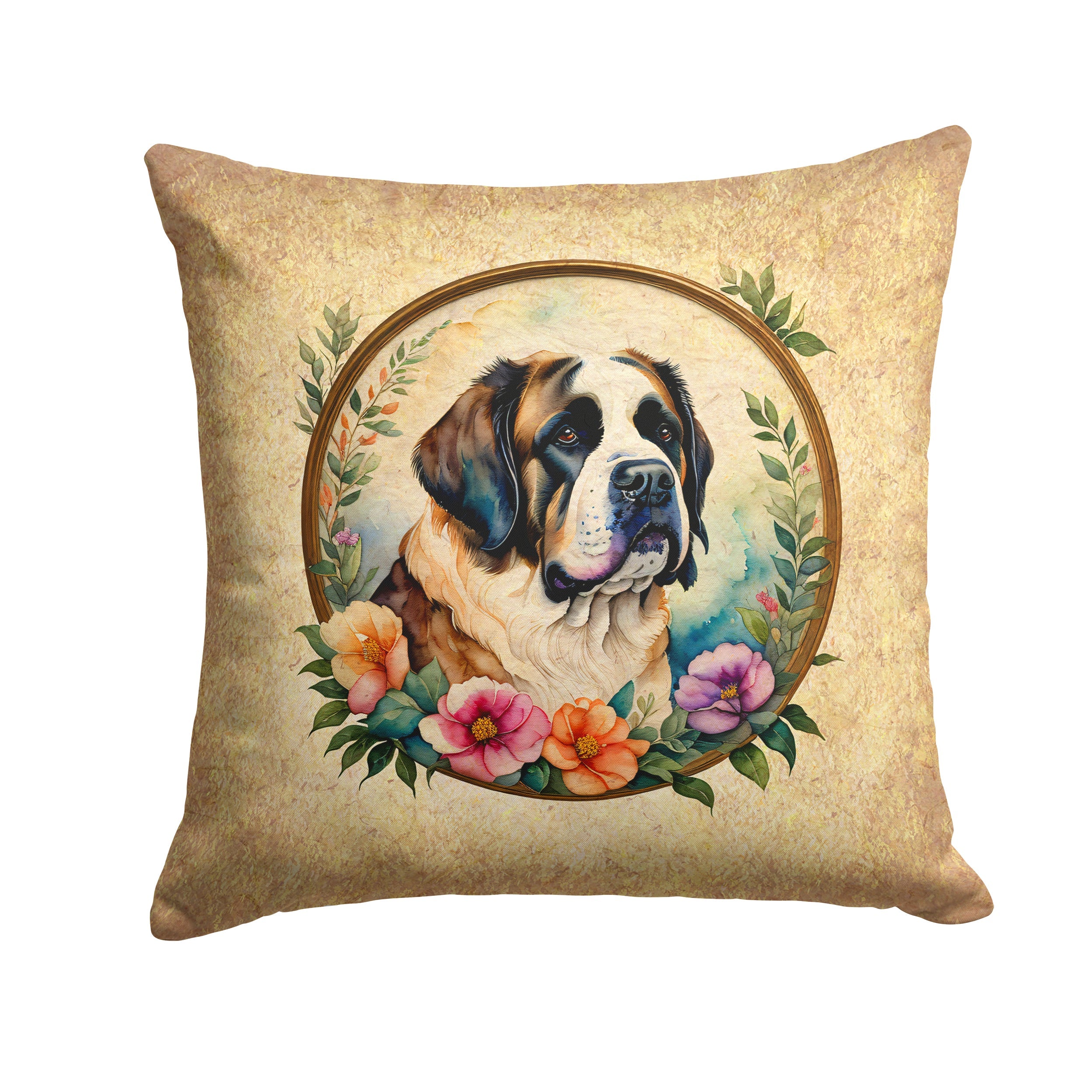 Saint Bernard and Flowers Decorative Throw Pillow 14x14 Indoor Outdoor Accent Cushion, Fabric Cover with Insert for Sofa, Bed, Porch & Living Room