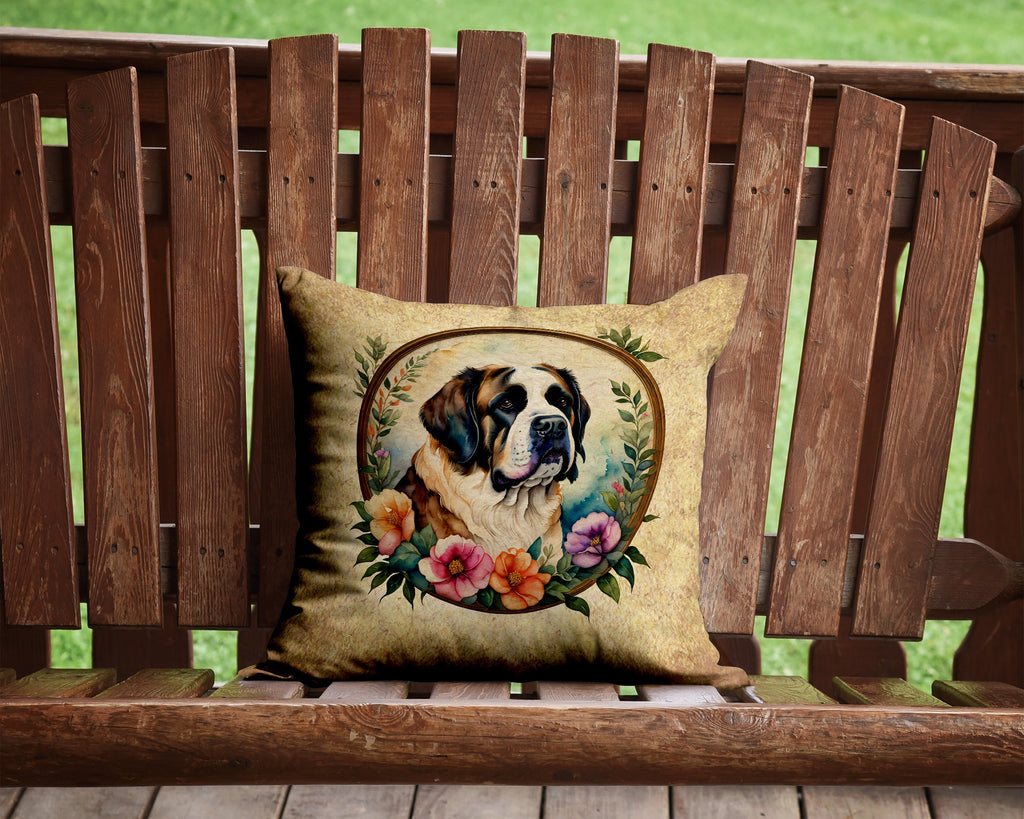 Saint Bernard and Flowers Decorative Throw Pillow 14x14 Indoor Outdoor Accent Cushion, Fabric Cover with Insert for Sofa, Bed, Porch & Living Room