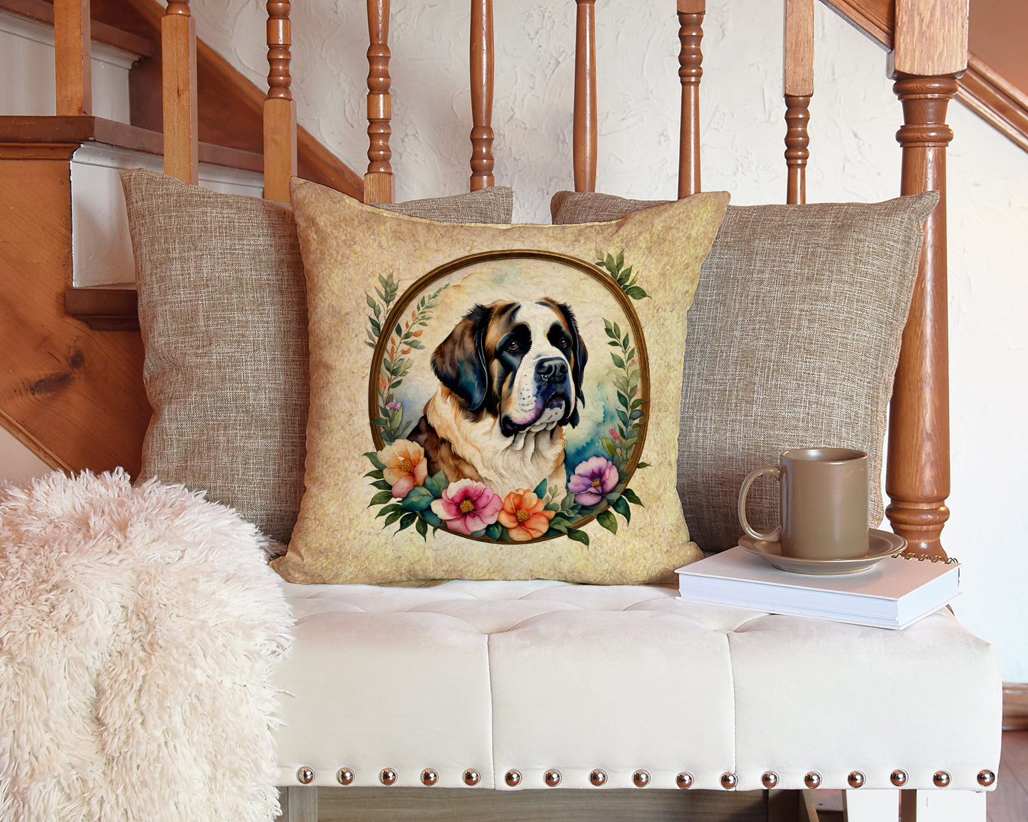 Saint Bernard and Flowers Decorative Throw Pillow 14x14 Indoor Outdoor Accent Cushion, Fabric Cover with Insert for Sofa, Bed, Porch & Living Room