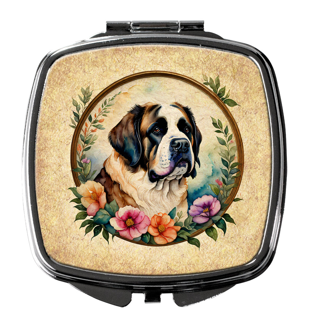 Saint Bernard and Flowers Compact Mirror Decorative Travel Makeup Mirror for Women Girls Gifts Pocket Makeup Mirror Folding Handheld