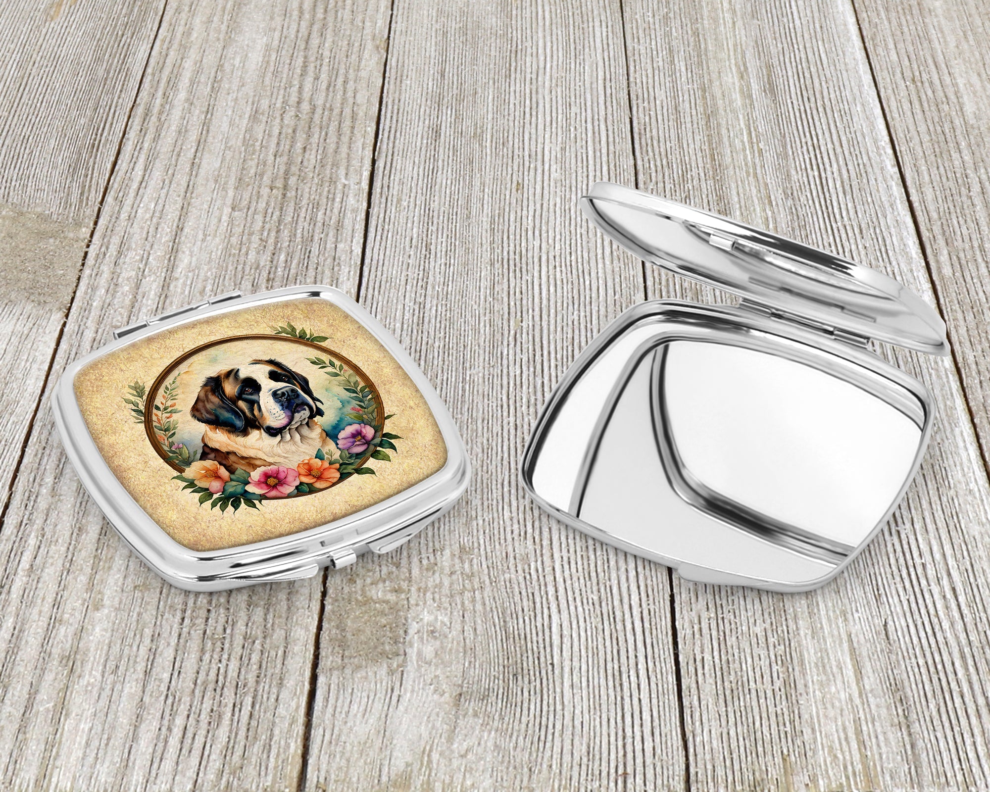 Saint Bernard and Flowers Compact Mirror Decorative Travel Makeup Mirror for Women Girls Gifts Pocket Makeup Mirror Folding Handheld