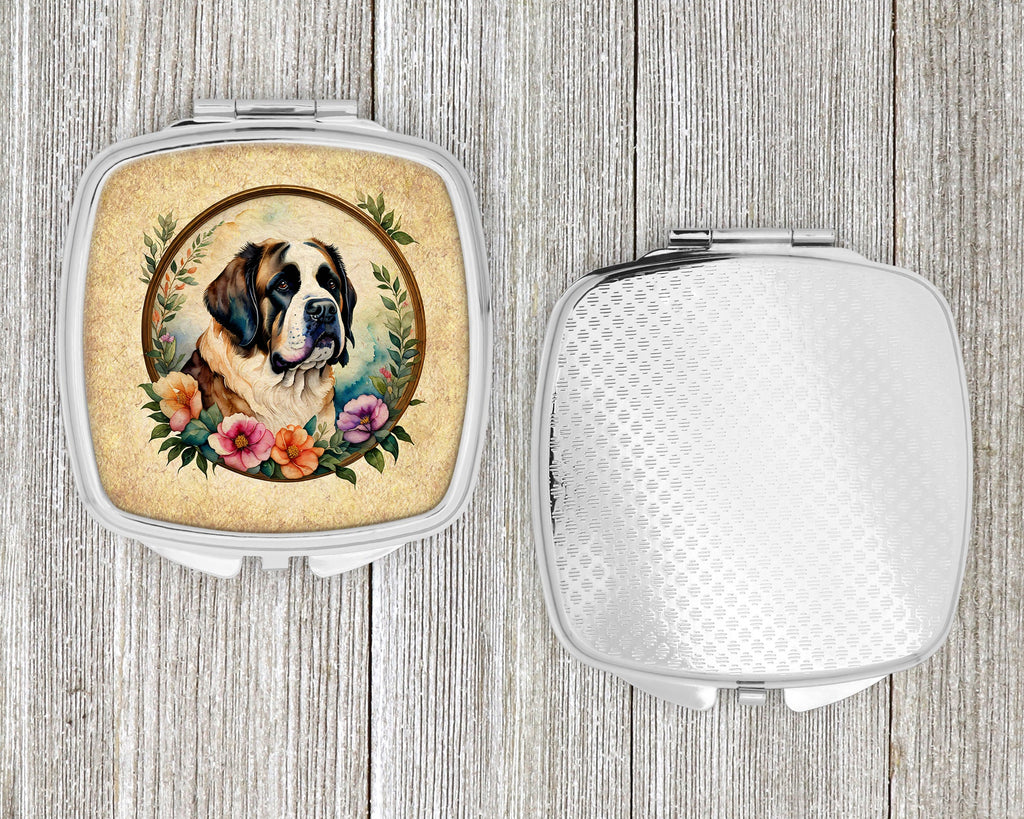 Saint Bernard and Flowers Compact Mirror Decorative Travel Makeup Mirror for Women Girls Gifts Pocket Makeup Mirror Folding Handheld