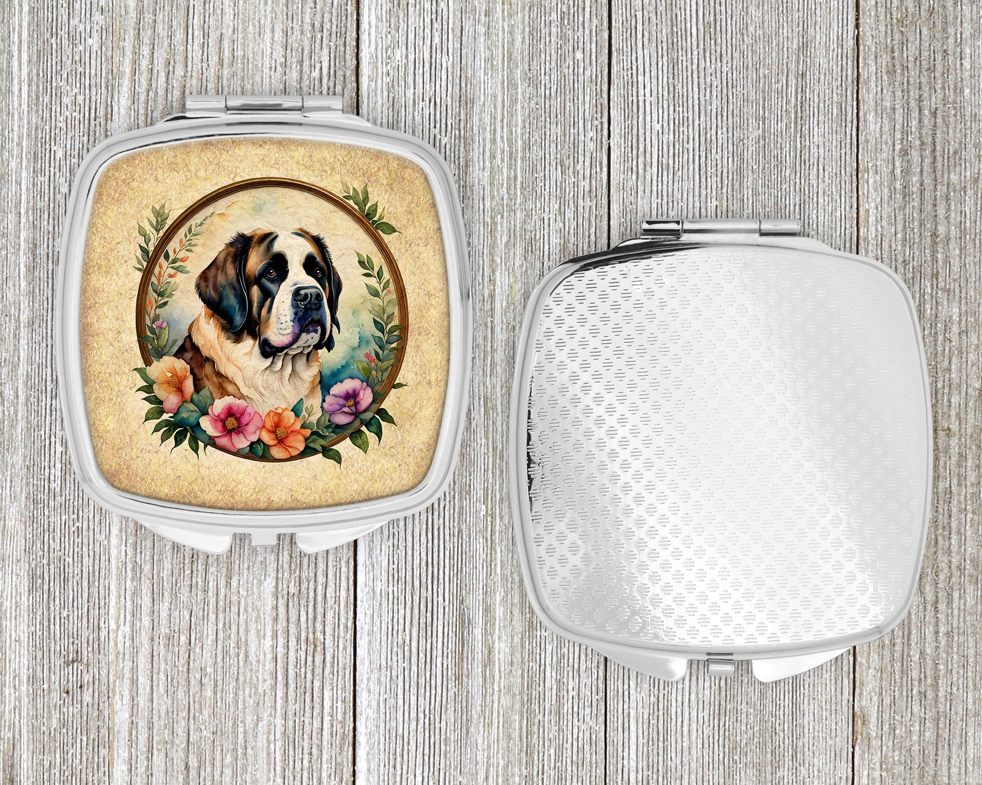 Saint Bernard and Flowers Compact Mirror Decorative Travel Makeup Mirror for Women Girls Gifts Pocket Makeup Mirror Folding Handheld