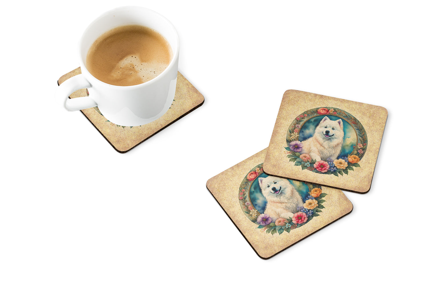 Samoyed and Flowers Foam Coasters Set of 4 Cup Coasters for Indoor Outdoor, Tabletop Protection, Anti Slip, Mouse pad Material