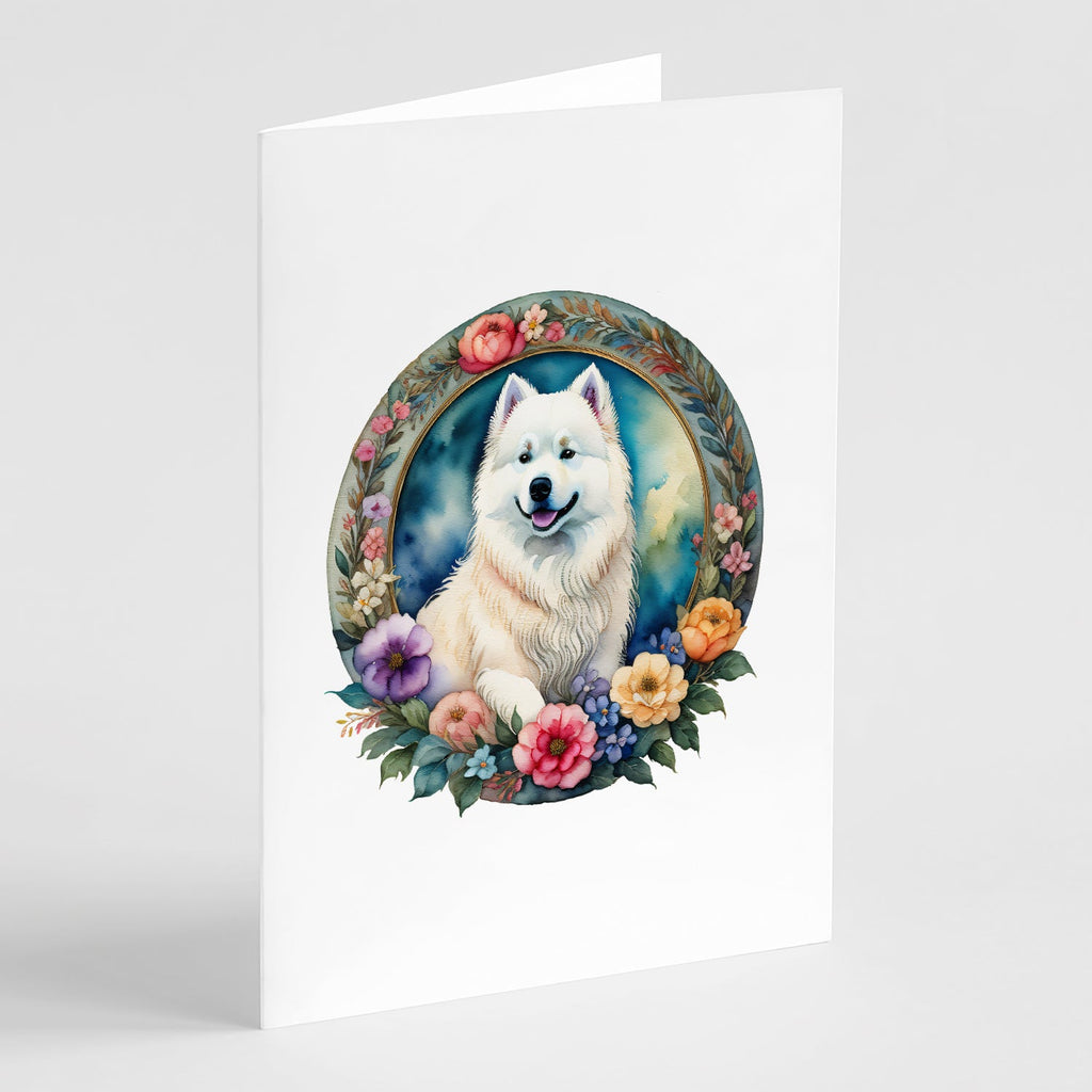 Samoyed and Flowers Greeting Cards Pack of 8 Blank Cards with Envelopes Whimsical A7 Size 5x7
