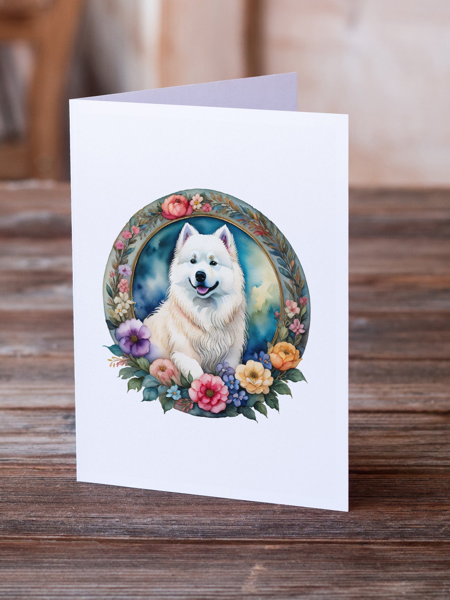 Samoyed and Flowers Greeting Cards Pack of 8 Blank Cards with Envelopes Whimsical A7 Size 5x7