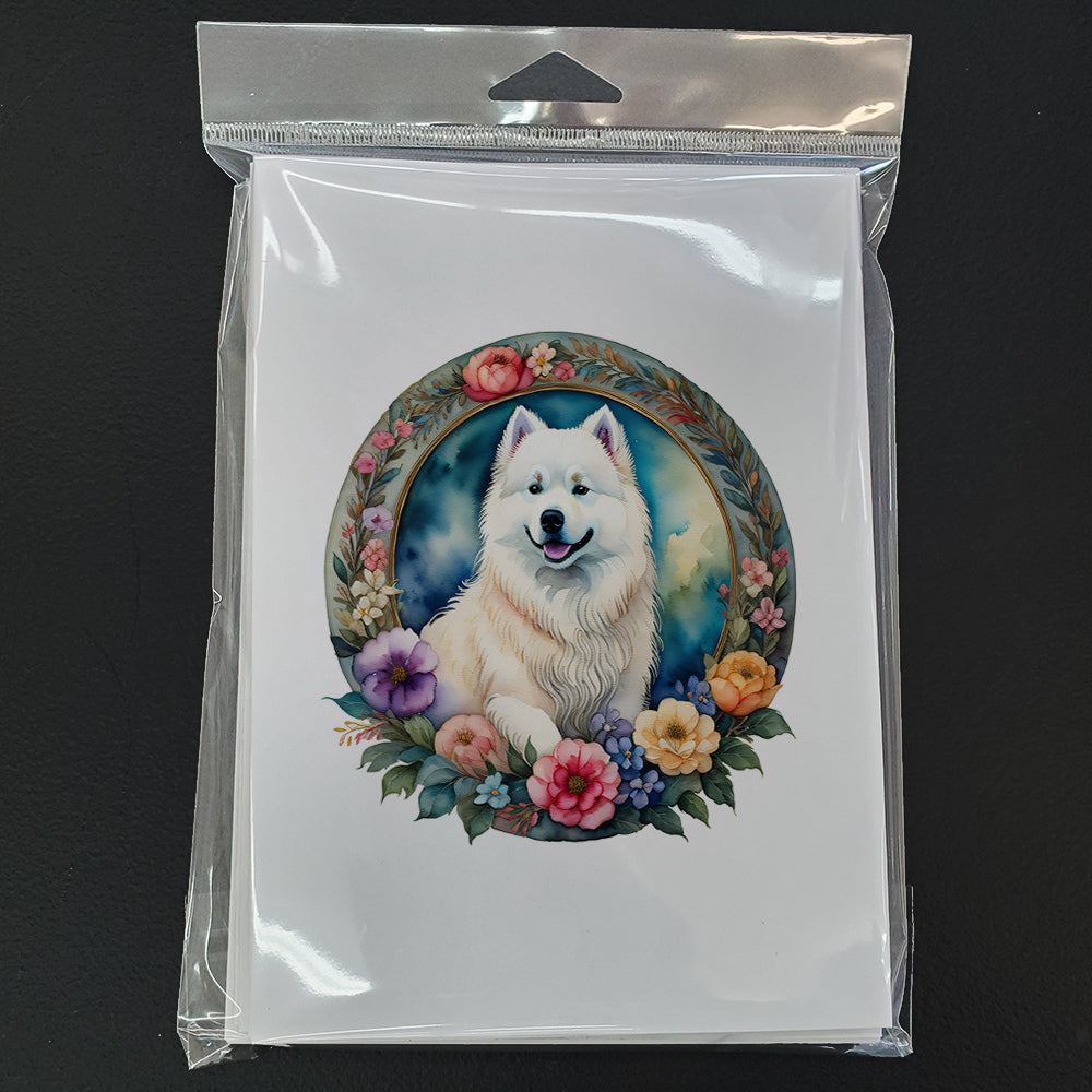 Samoyed and Flowers Greeting Cards Pack of 8 Blank Cards with Envelopes Whimsical A7 Size 5x7
