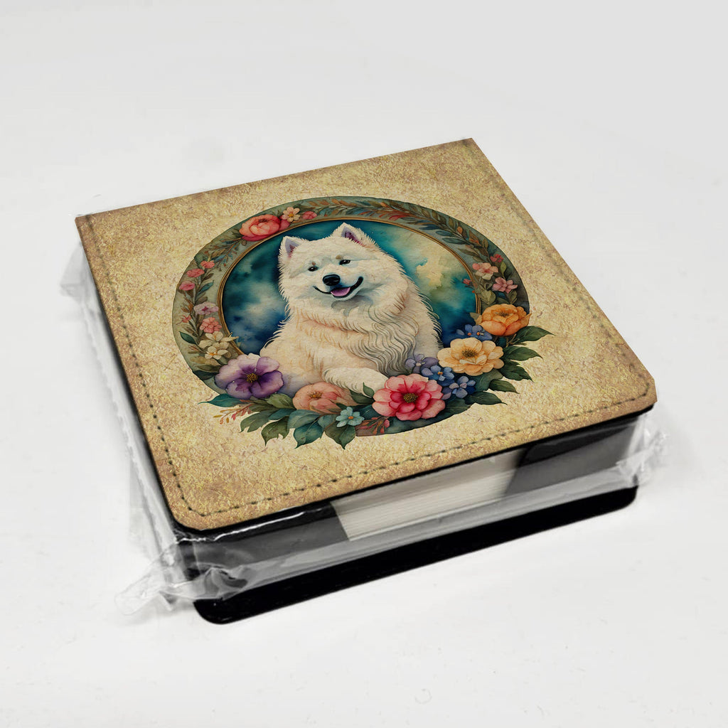 Samoyed and Flowers PU Leather Note Paper Holder with Artist-Designed Cover, Desk Accessory, Office Gift