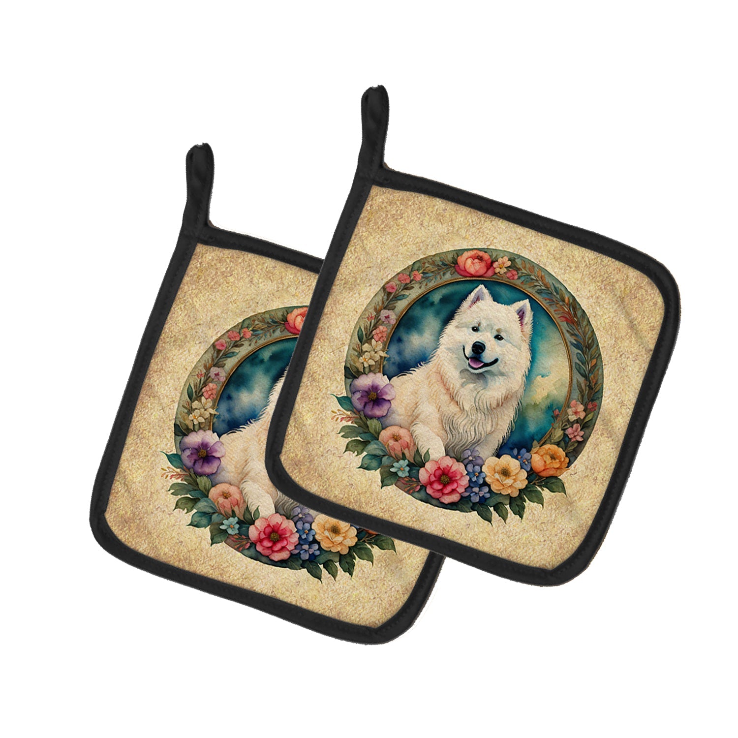 Samoyed and Flowers Pot Holder Set of 2 Heat Resistant Quilted Hot Pads 7.5 x 7.5 Inch, Insulated Kitchen Trivets for Cooking & Baking