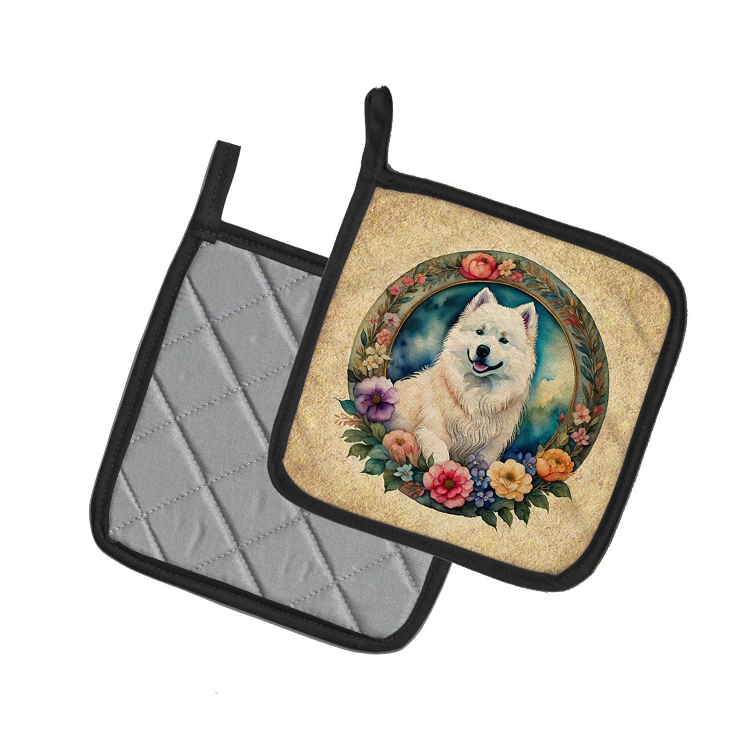 Samoyed and Flowers Pot Holder Set of 2 Heat Resistant Quilted Hot Pads 7.5 x 7.5 Inch, Insulated Kitchen Trivets for Cooking & Baking