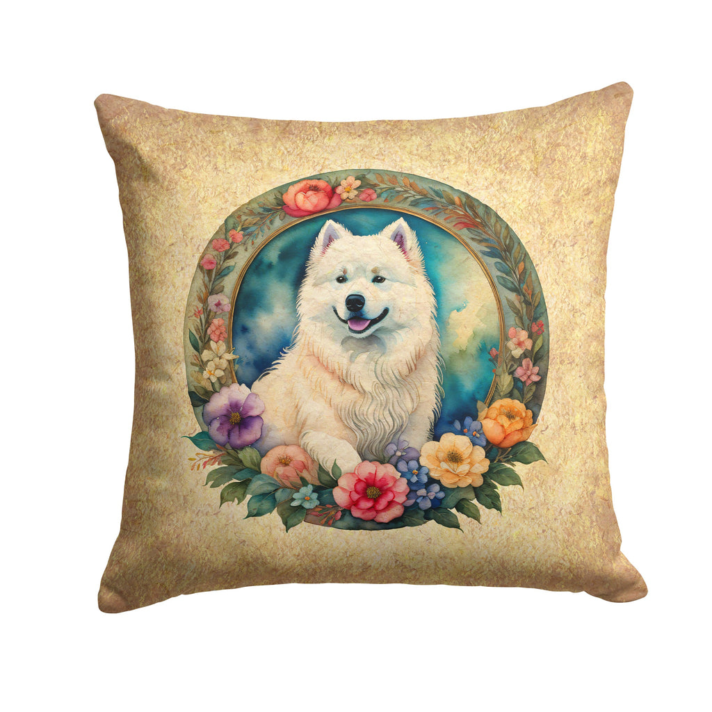 Samoyed and Flowers Decorative Throw Pillow 14x14 Indoor Outdoor Accent Cushion, Fabric Cover with Insert for Sofa, Bed, Porch & Living Room