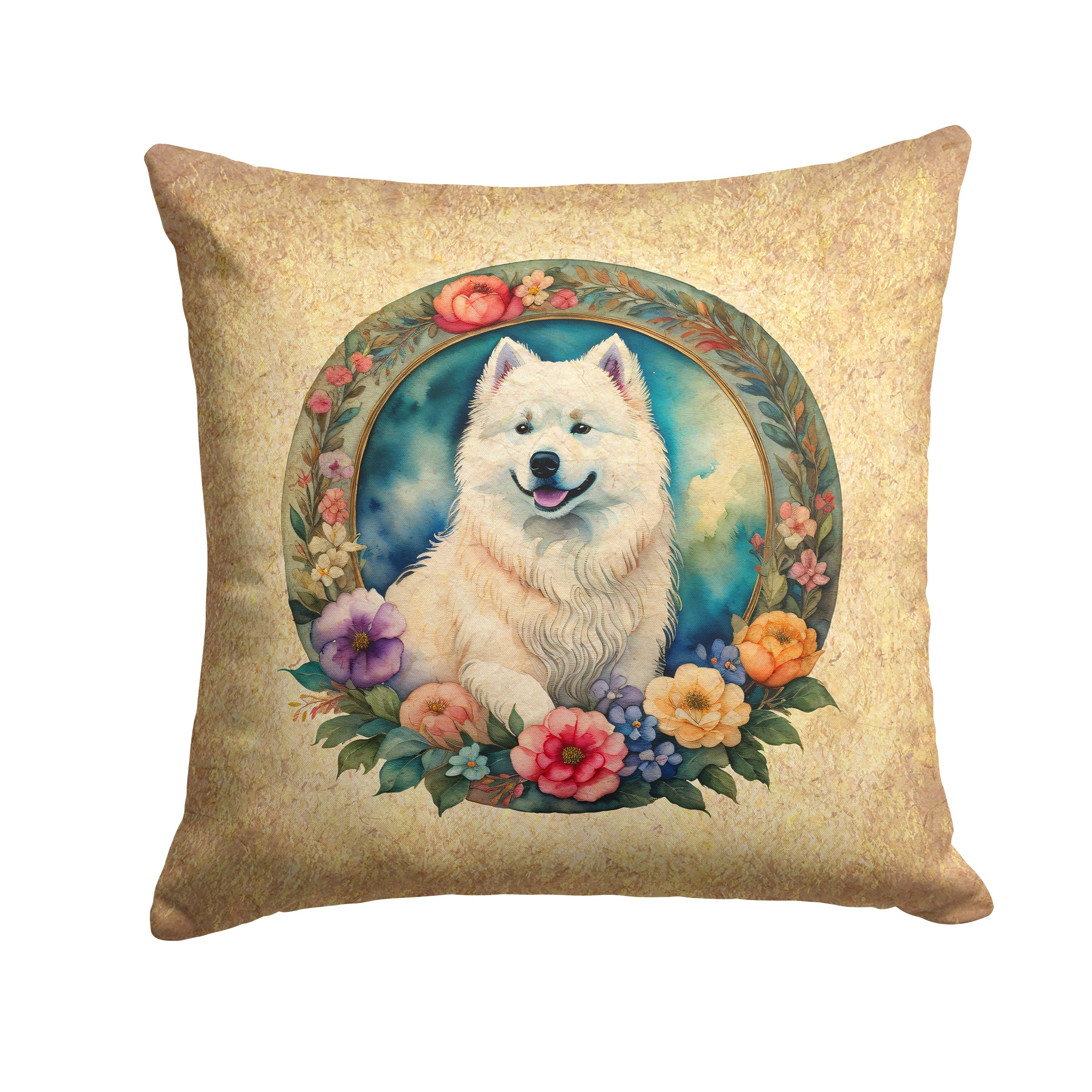 Samoyed and Flowers Decorative Throw Pillow 14x14 Indoor Outdoor Accent Cushion, Fabric Cover with Insert for Sofa, Bed, Porch & Living Room