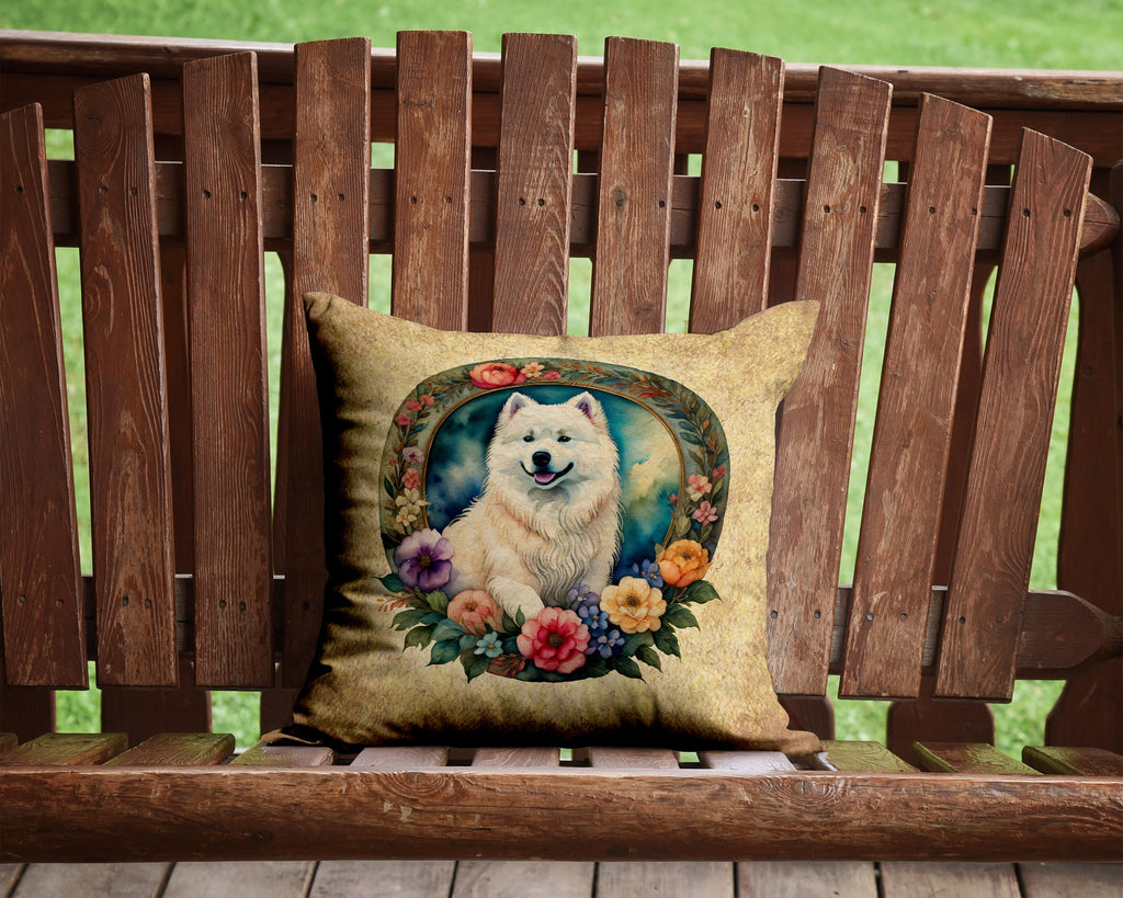 Samoyed and Flowers Decorative Throw Pillow 14x14 Indoor Outdoor Accent Cushion, Fabric Cover with Insert for Sofa, Bed, Porch & Living Room