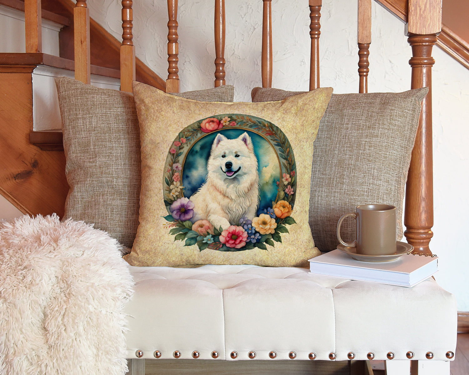 Samoyed and Flowers Decorative Throw Pillow 14x14 Indoor Outdoor Accent Cushion, Fabric Cover with Insert for Sofa, Bed, Porch & Living Room