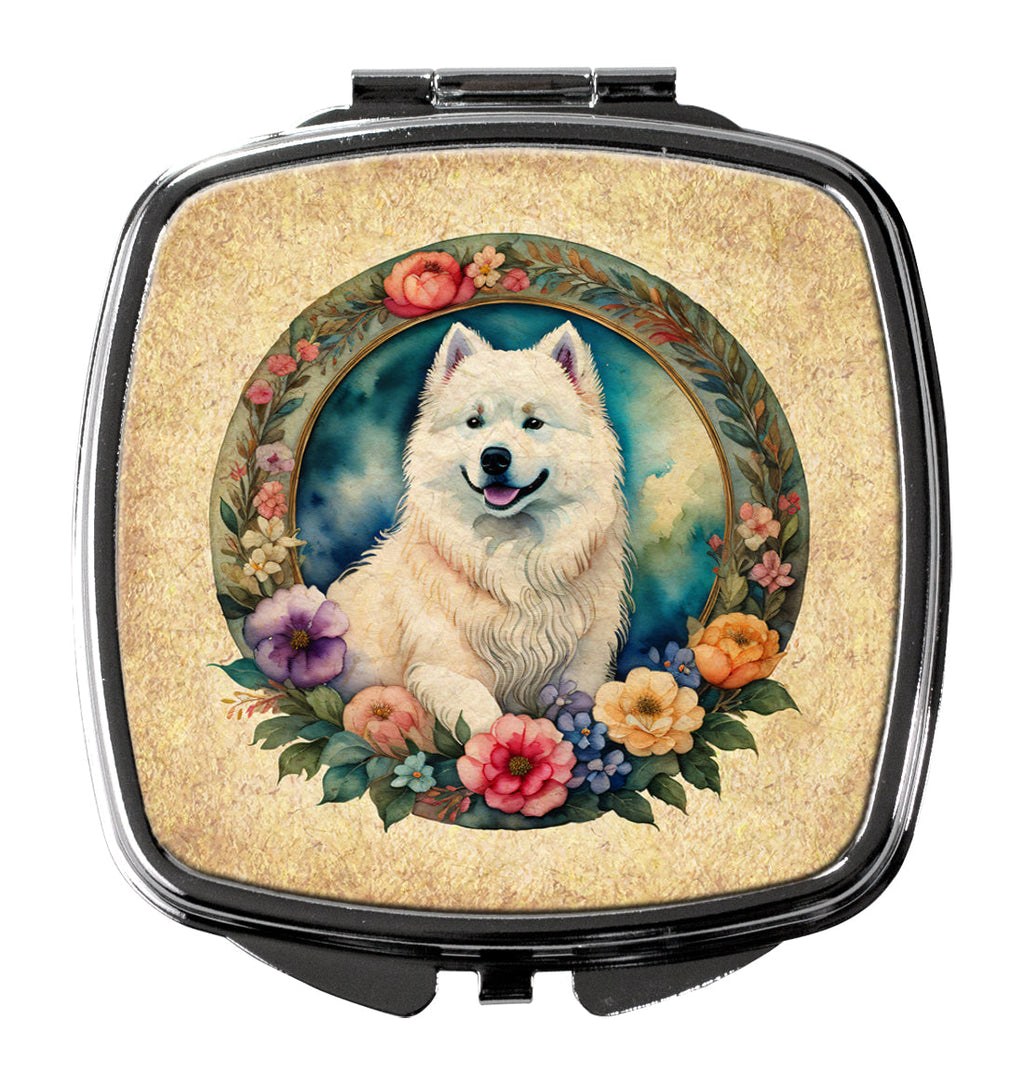 Samoyed and Flowers Compact Mirror Decorative Travel Makeup Mirror for Women Girls Gifts Pocket Makeup Mirror Folding Handheld