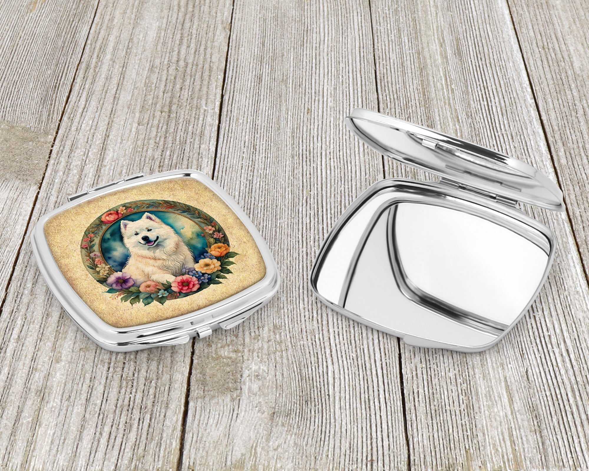 Samoyed and Flowers Compact Mirror Decorative Travel Makeup Mirror for Women Girls Gifts Pocket Makeup Mirror Folding Handheld