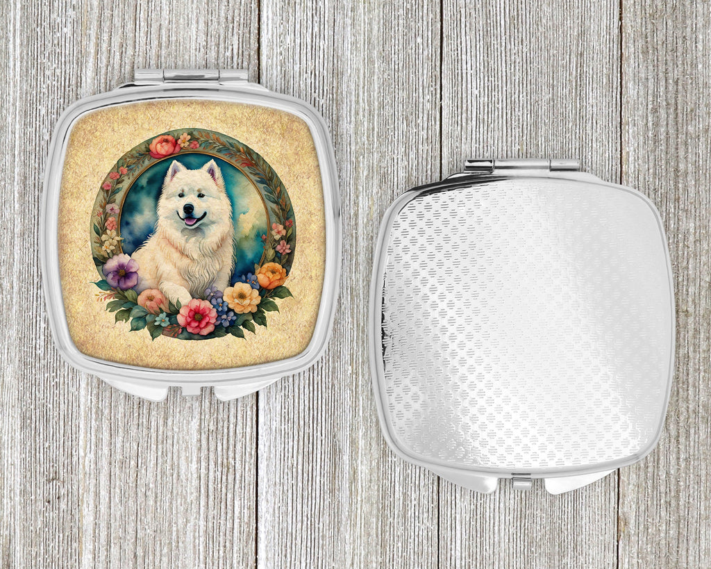 Samoyed and Flowers Compact Mirror Decorative Travel Makeup Mirror for Women Girls Gifts Pocket Makeup Mirror Folding Handheld