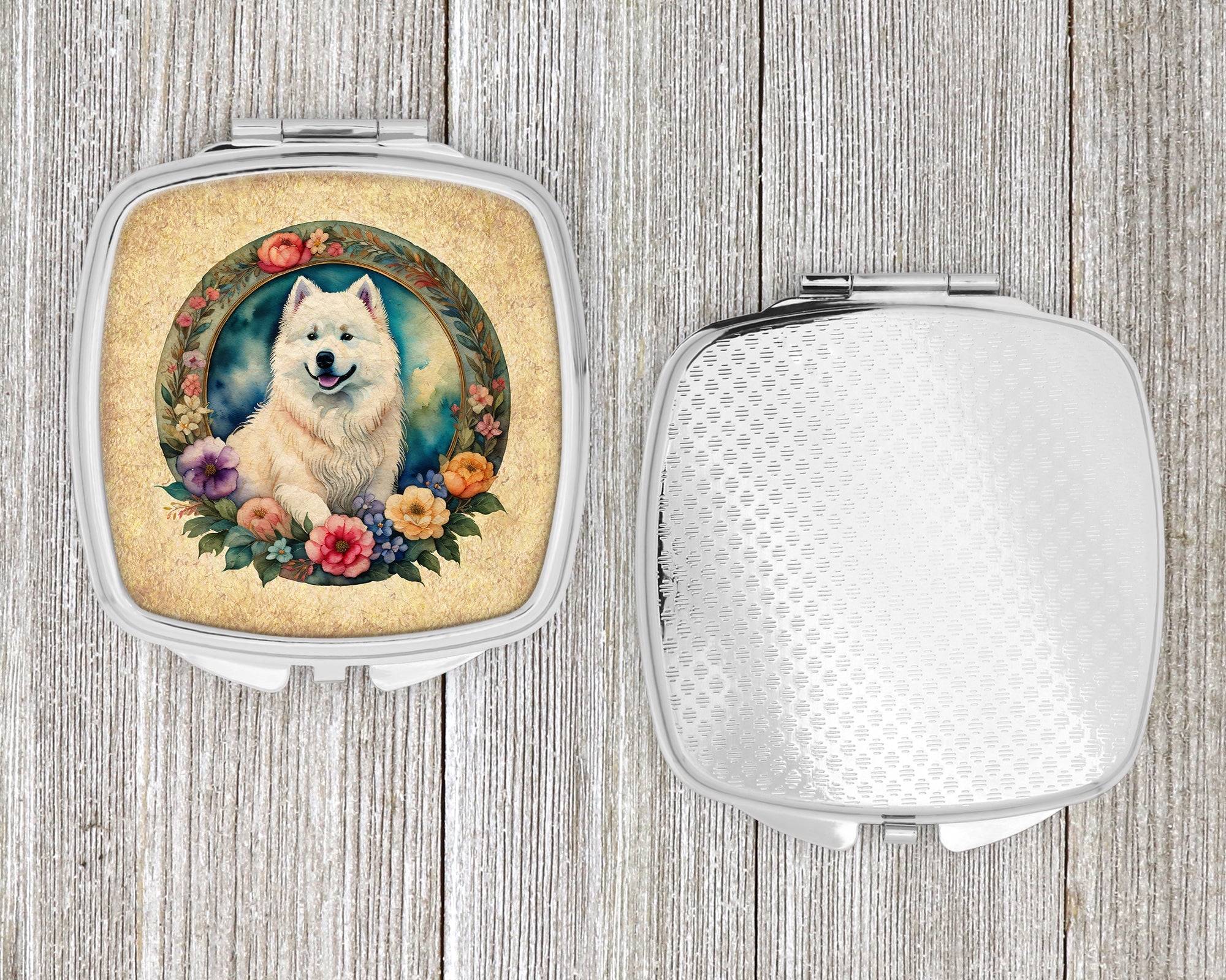 Samoyed and Flowers Compact Mirror Decorative Travel Makeup Mirror for Women Girls Gifts Pocket Makeup Mirror Folding Handheld
