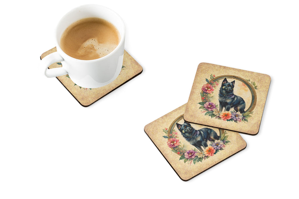 Schipperke and Flowers Foam Coasters Set of 4 Cup Coasters for Indoor Outdoor, Tabletop Protection, Anti Slip, Mouse pad Material