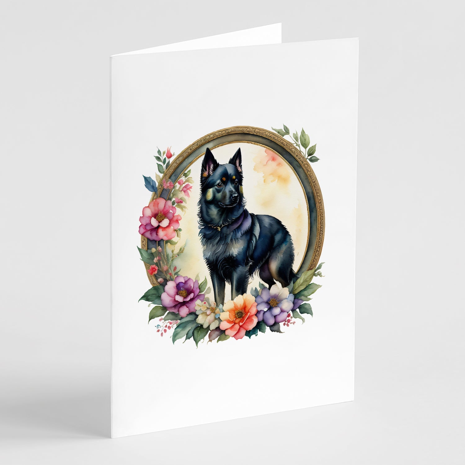 Schipperke and Flowers Greeting Cards Pack of 8 Blank Cards with Envelopes Whimsical A7 Size 5x7