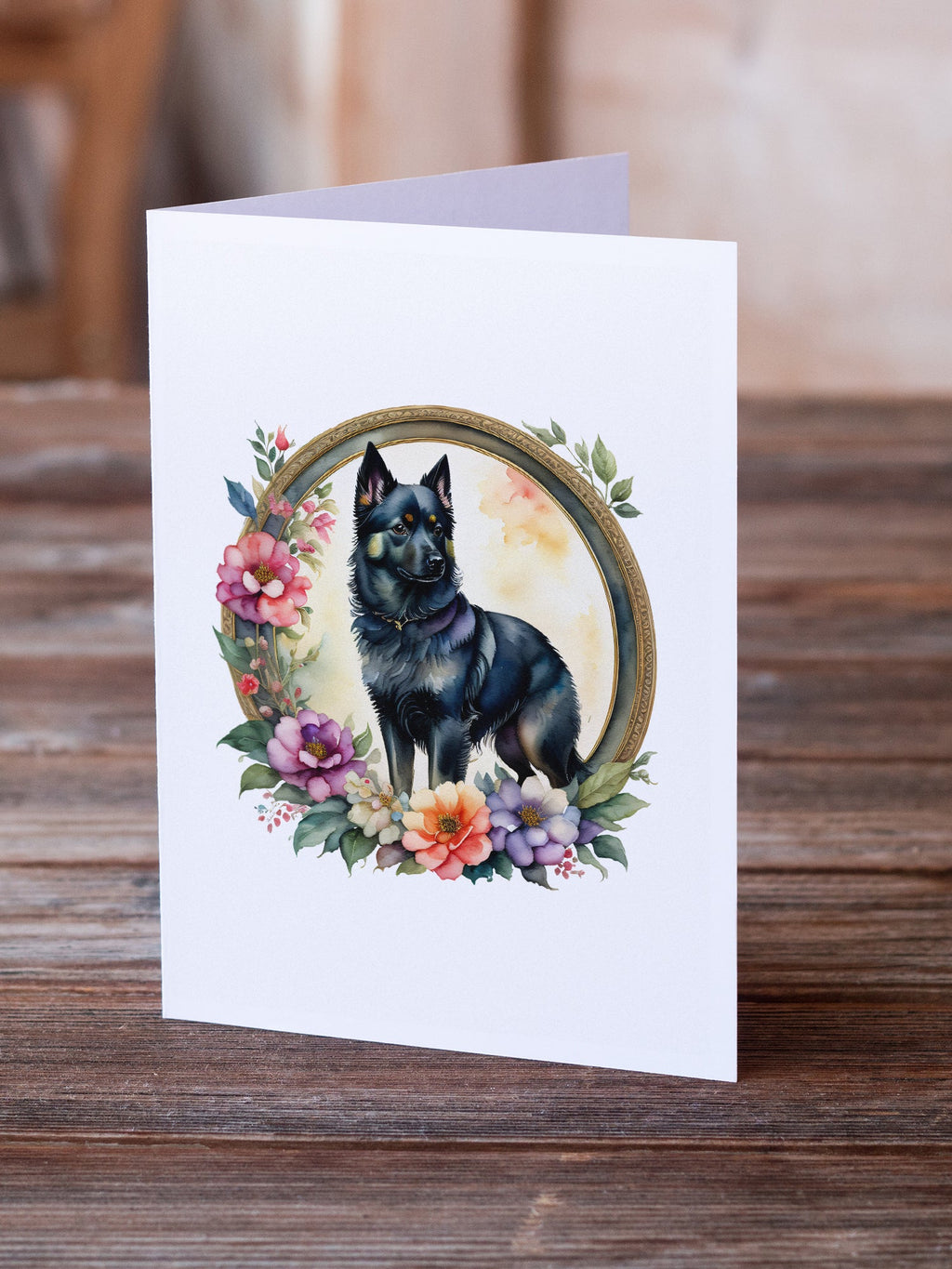 Schipperke and Flowers Greeting Cards Pack of 8 Blank Cards with Envelopes Whimsical A7 Size 5x7
