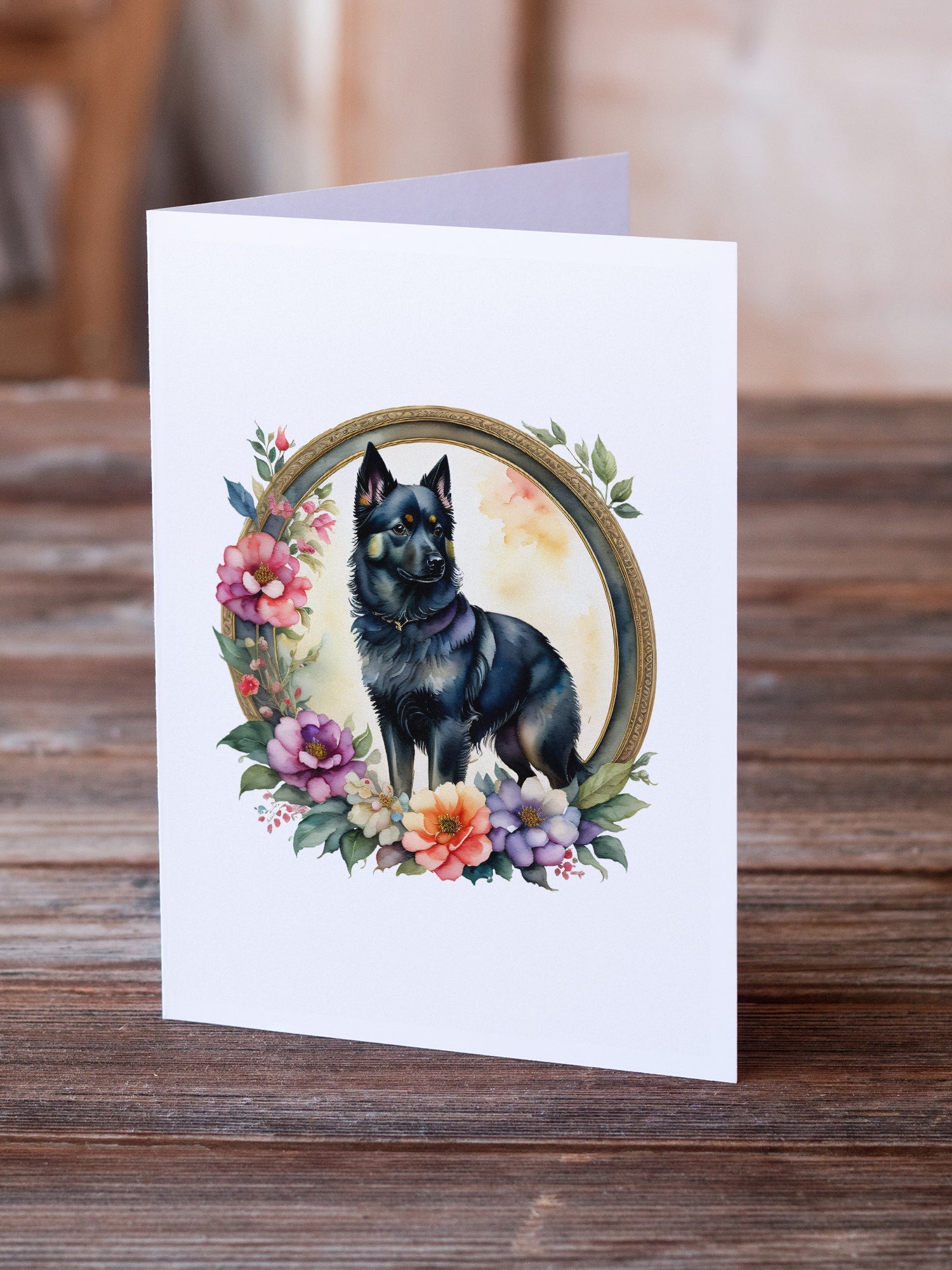 Schipperke and Flowers Greeting Cards Pack of 8 Blank Cards with Envelopes Whimsical A7 Size 5x7