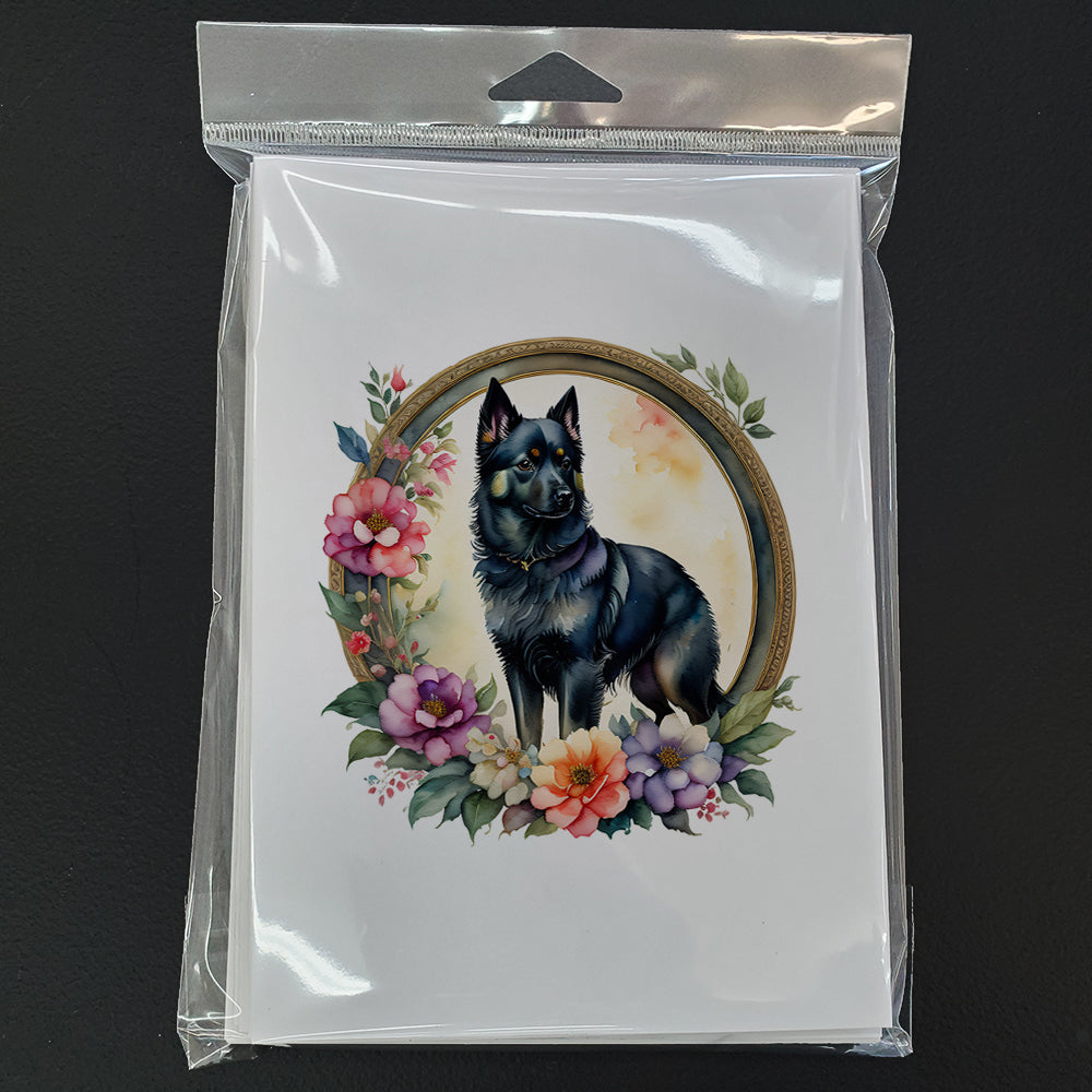 Schipperke and Flowers Greeting Cards Pack of 8 Blank Cards with Envelopes Whimsical A7 Size 5x7